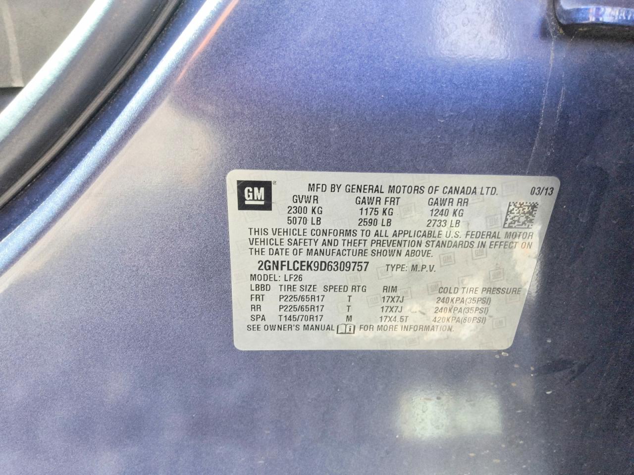 2013 Chevrolet Equinox Ls Blue vin: 2GNFLCEK9D6309757