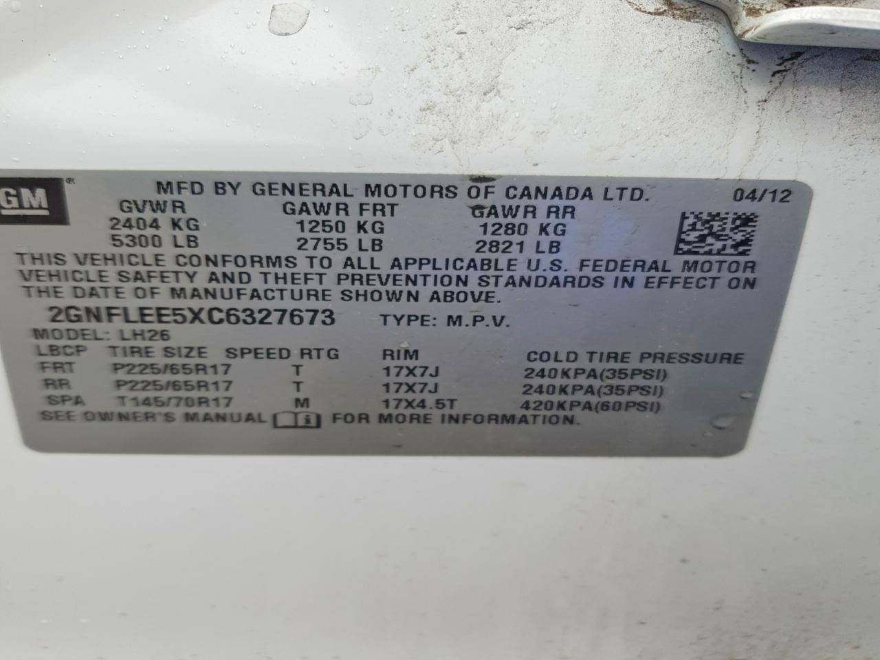 2012 Chevrolet Equinox Lt White vin: 2GNFLEE5XC6327673