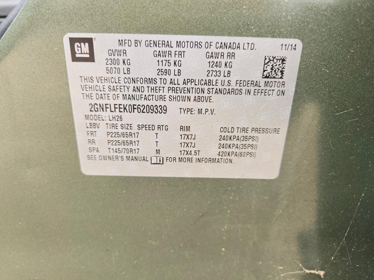 2015 Chevrolet Equinox Lt Green vin: 2GNFLFEK0F6209339