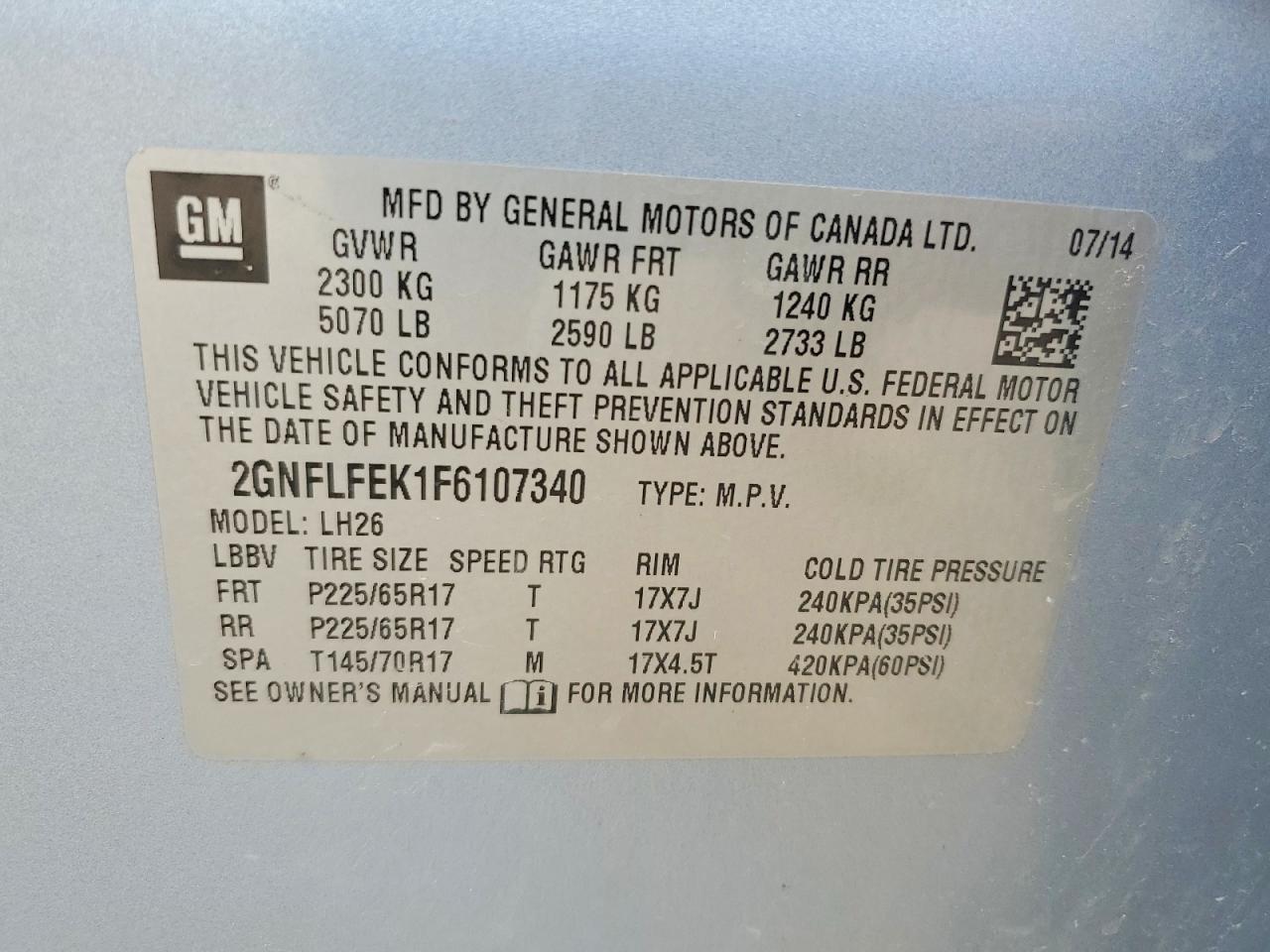 2015 Chevrolet Equinox Lt Blue vin: 2GNFLFEK1F6107340