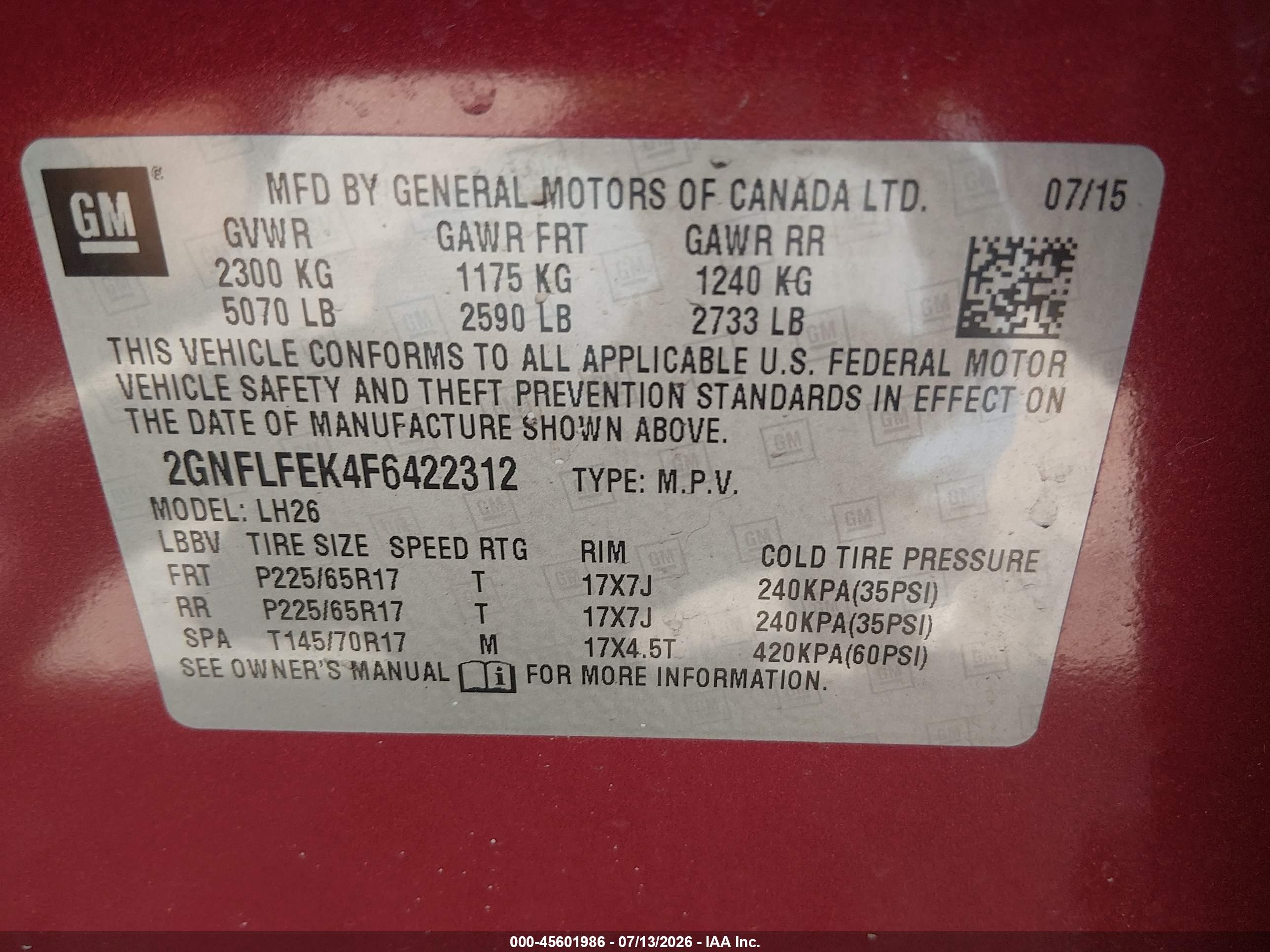 2015 Chevrolet Equinox Lt Red vin: 2GNFLFEK4F6422312