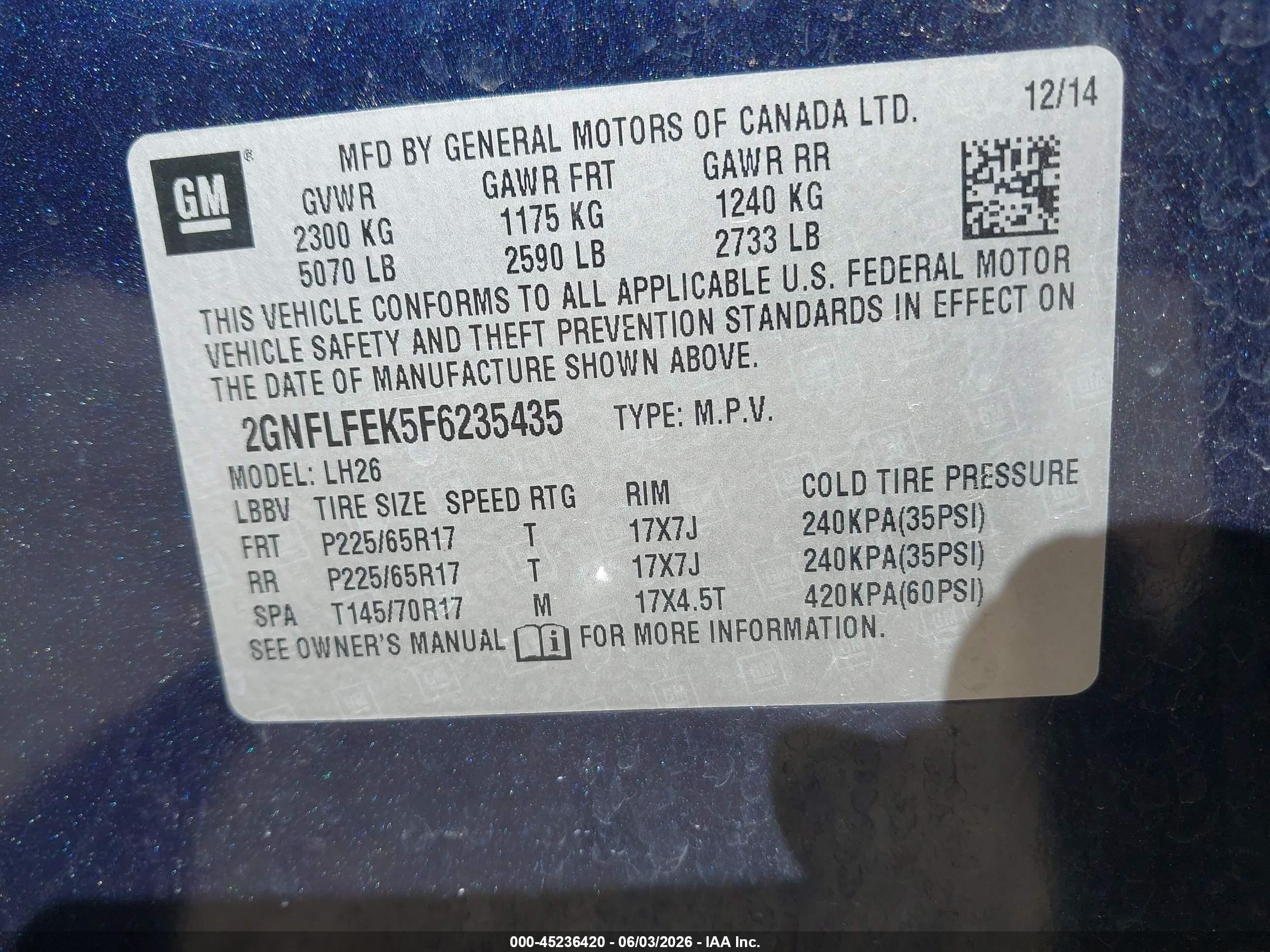 2015 Chevrolet Equinox 1lt Dark Blue vin: 2GNFLFEK5F6235435