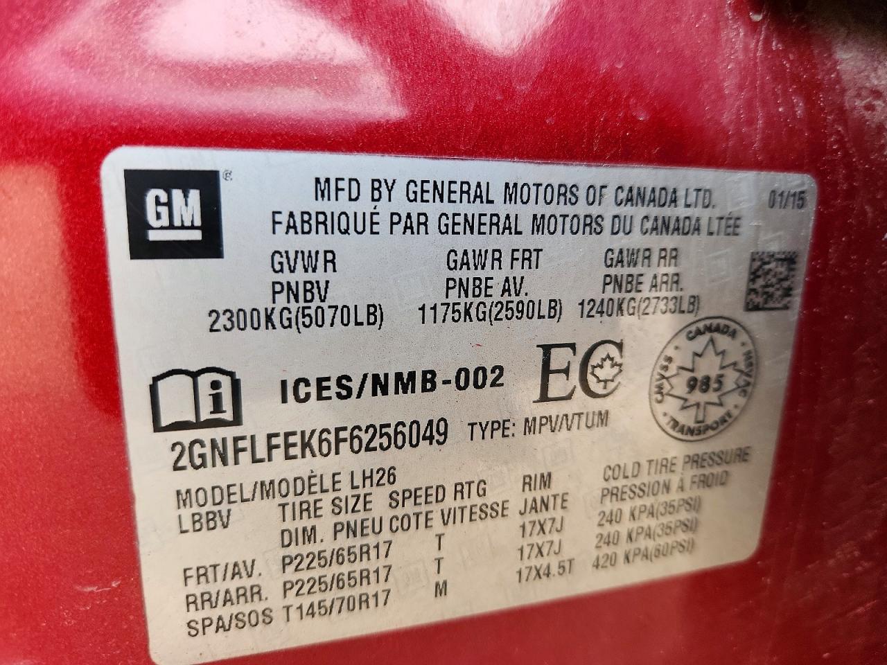 2015 Chevrolet Equinox Lt Red vin: 2GNFLFEK6F6256049
