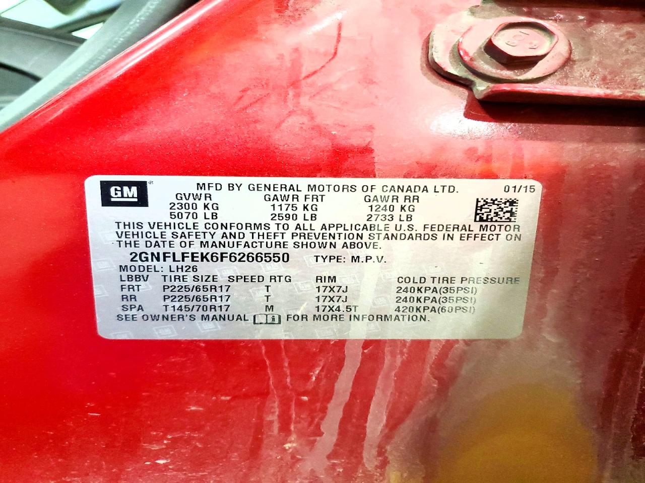 2015 Chevrolet Equinox Lt Red vin: 2GNFLFEK6F6266550