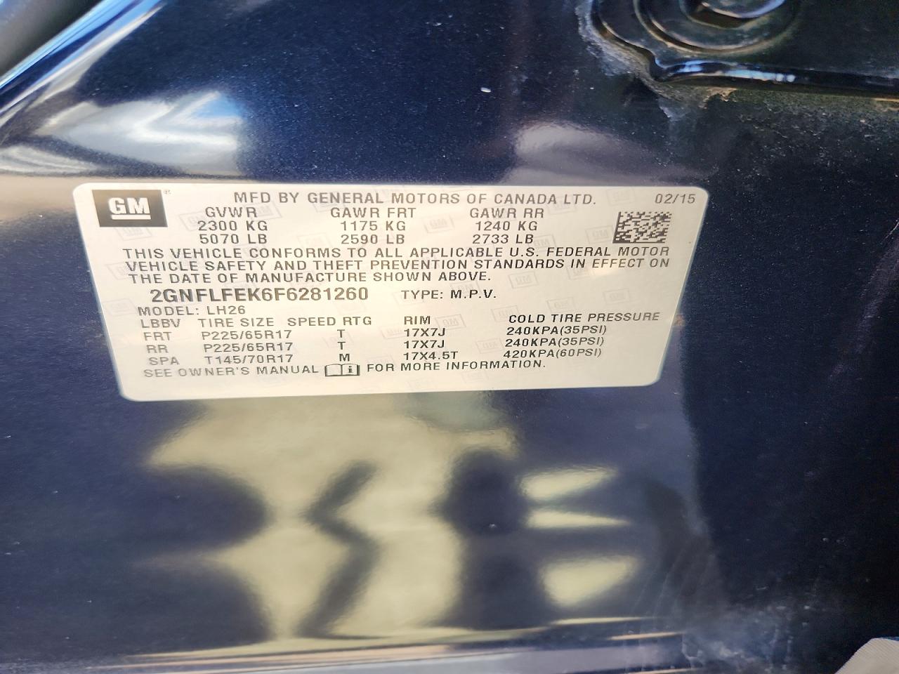 2015 Chevrolet Equinox Lt Blue vin: 2GNFLFEK6F6281260