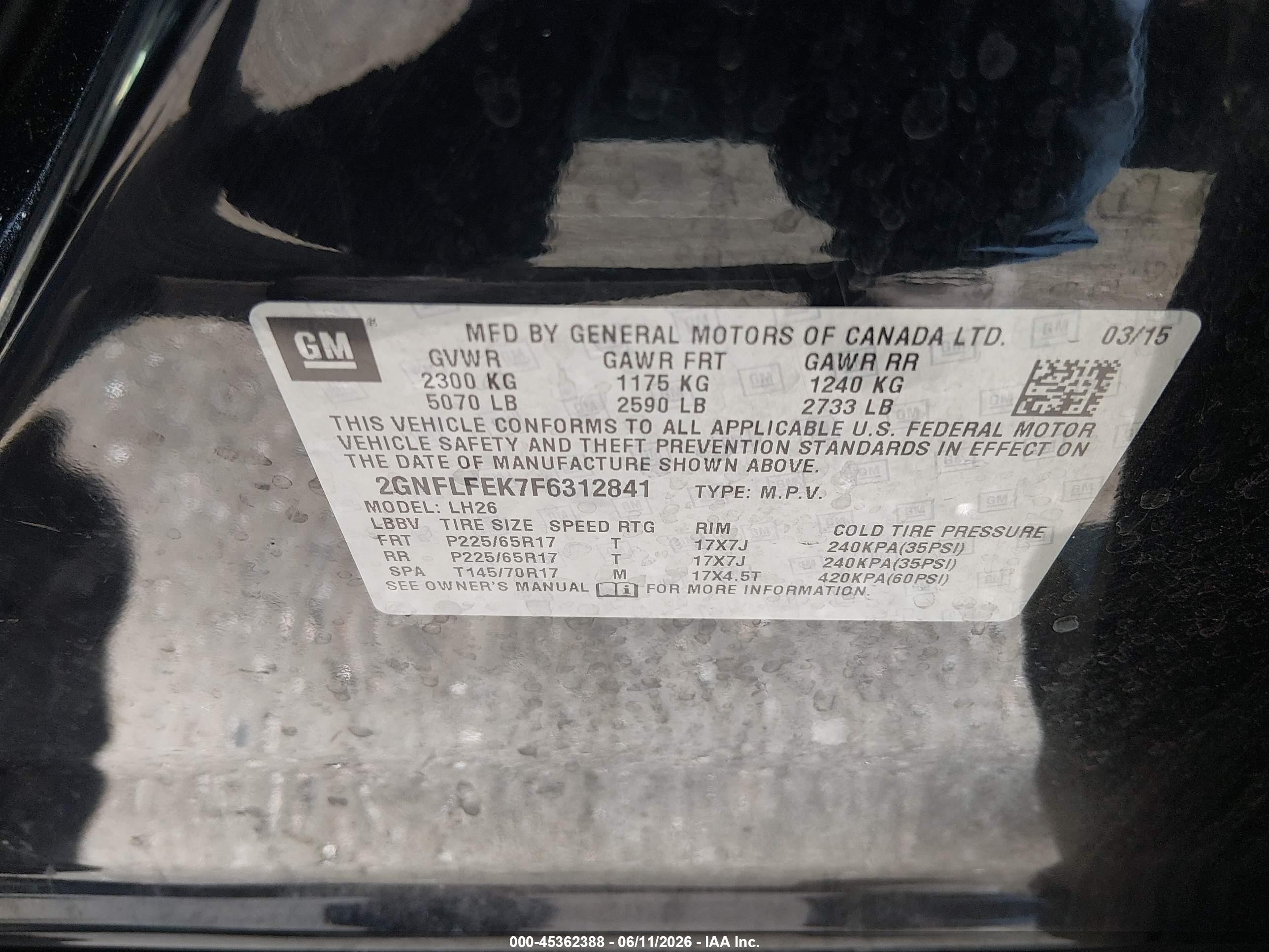 2015 Chevrolet Equinox 1lt Black vin: 2GNFLFEK7F6312841