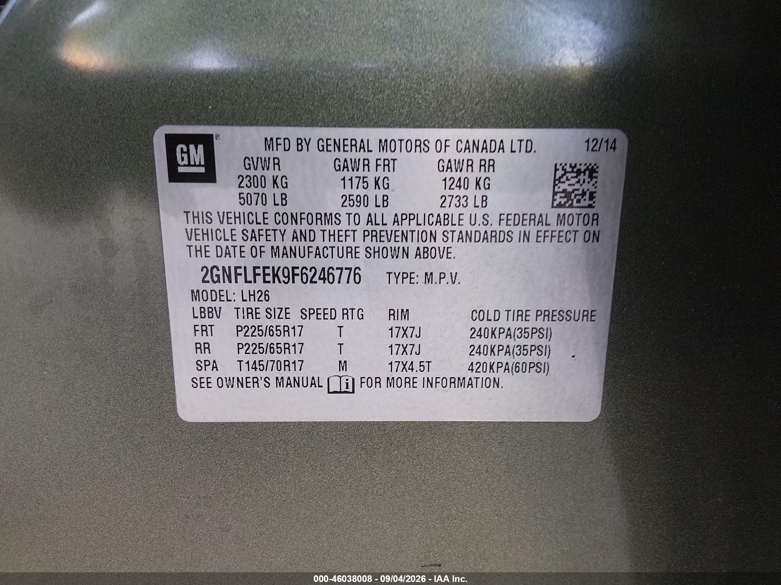 2015 Chevrolet Equinox 1lt Green vin: 2GNFLFEK9F6246776