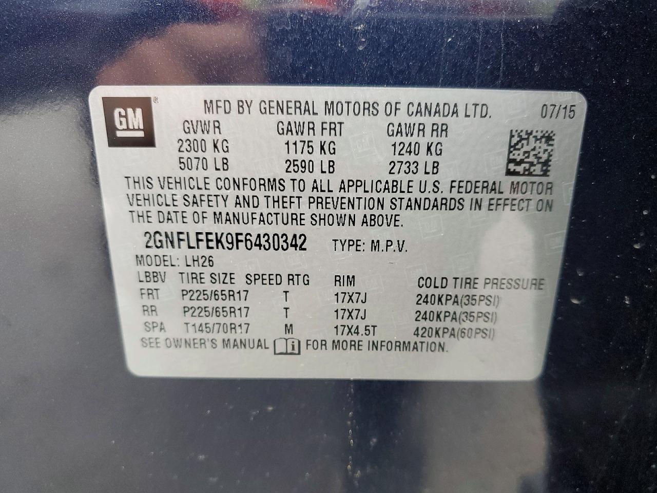 2015 Chevrolet Equinox Lt Blue vin: 2GNFLFEK9F6430342