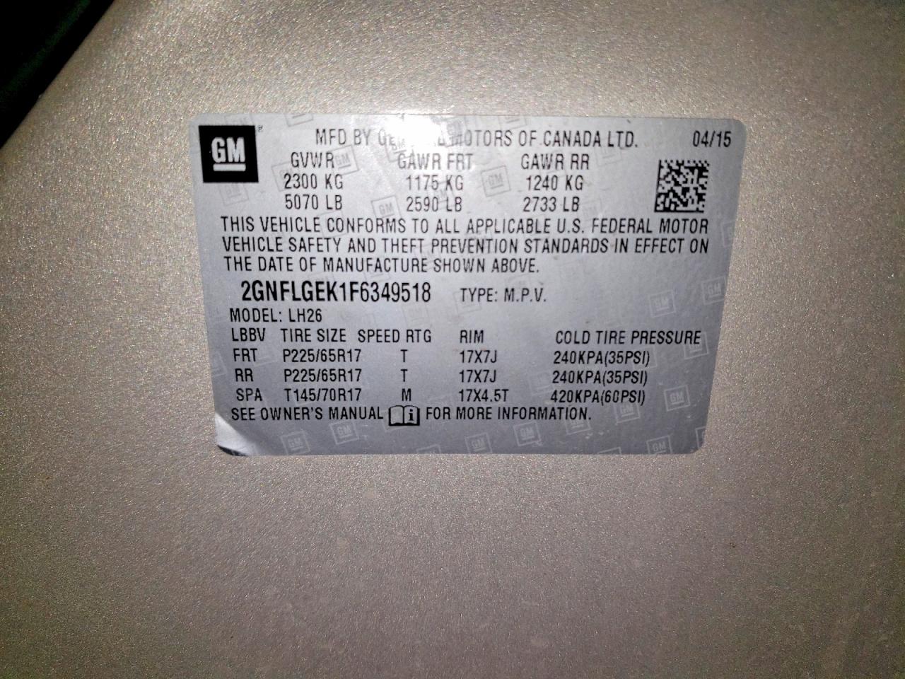 2015 Chevrolet Equinox Lt Tan vin: 2GNFLGEK1F6349518