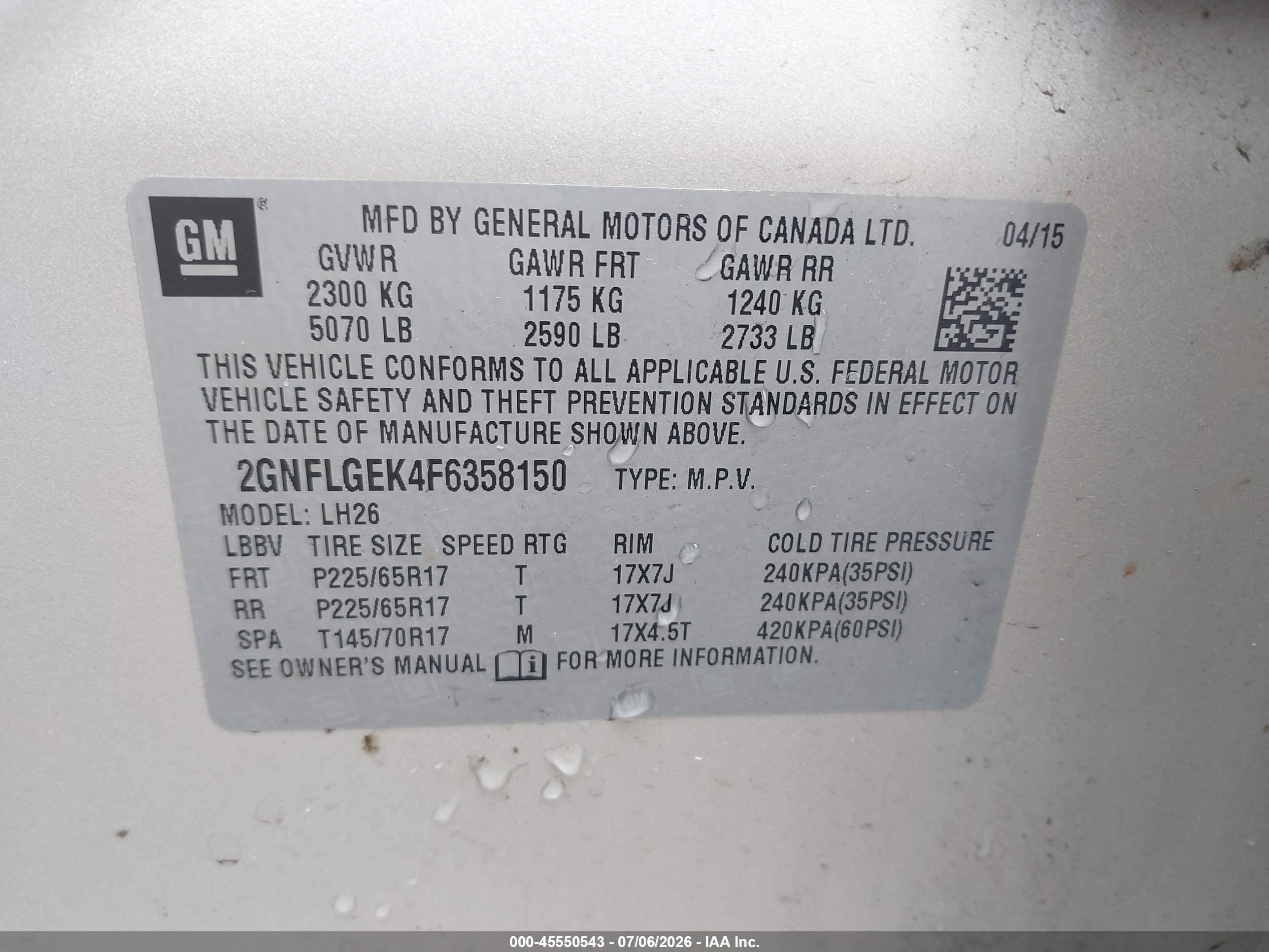 2015 Chevrolet Equinox Lt Gold vin: 2GNFLGEK4F6358150