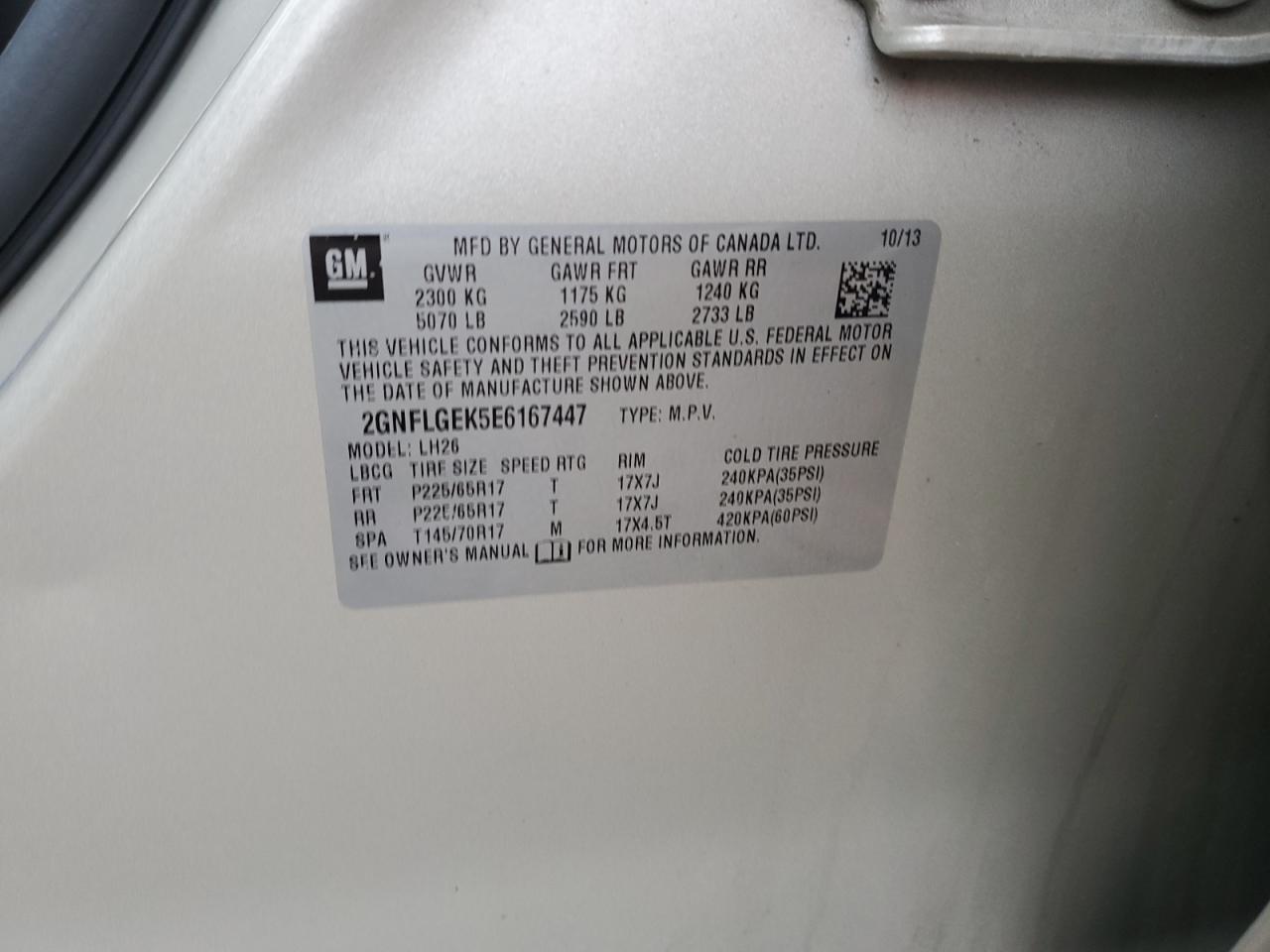 2014 Chevrolet Equinox Gold vin: 2GNFLGEK5E6167447
