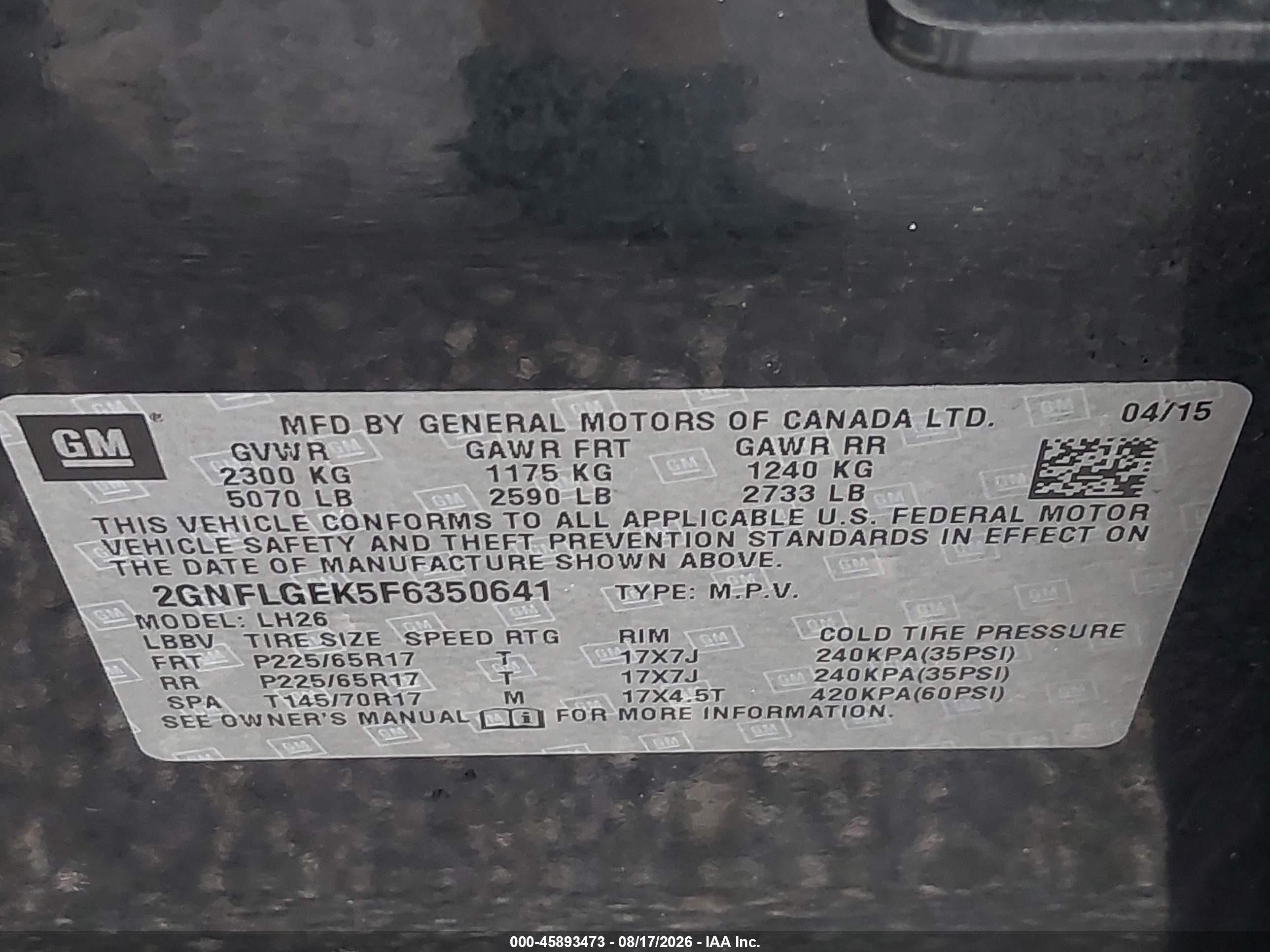 2015 Chevrolet Equinox Lt Black vin: 2GNFLGEK5F6350641
