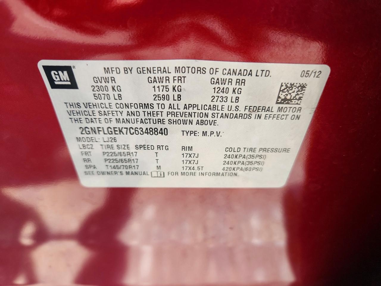 2012 Chevrolet Equinox Ltz Burgundy vin: 2GNFLGEK7C6348840