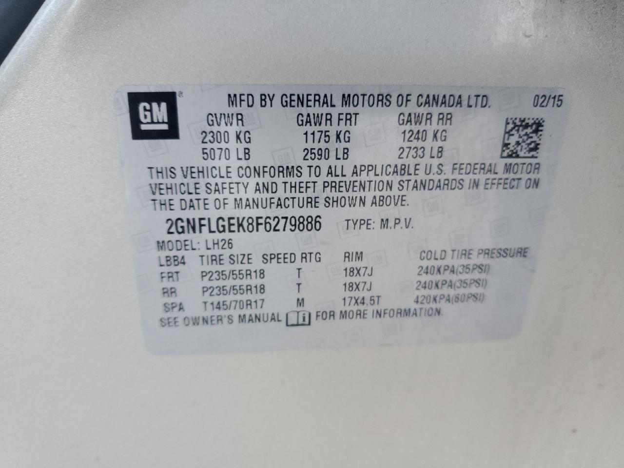 2015 Chevrolet Equinox Lt Gold vin: 2GNFLGEK8F6279886