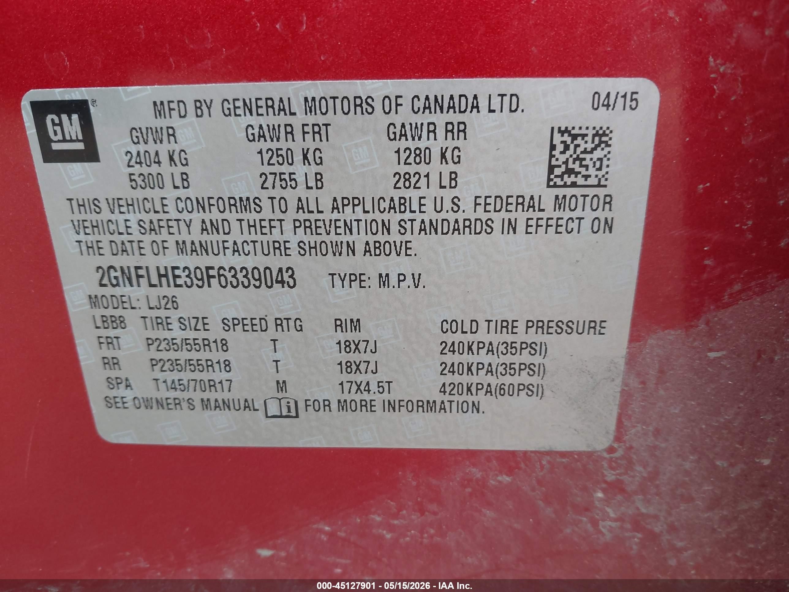 2015 Chevrolet Equinox Ltz Red vin: 2GNFLHE39F6339043