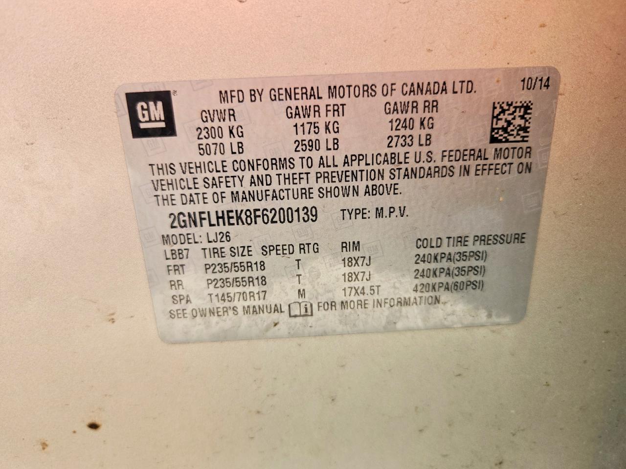 2015 Chevrolet Equinox Gold vin: 2GNFLHEK8F6200139