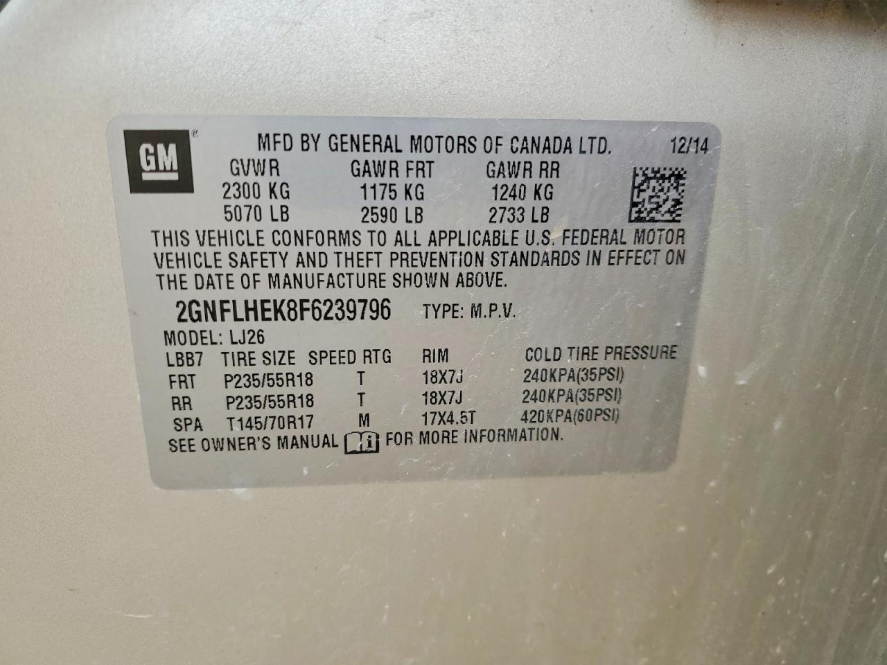 2015 Chevrolet Equinox Ltz Beige vin: 2GNFLHEK8F6239796