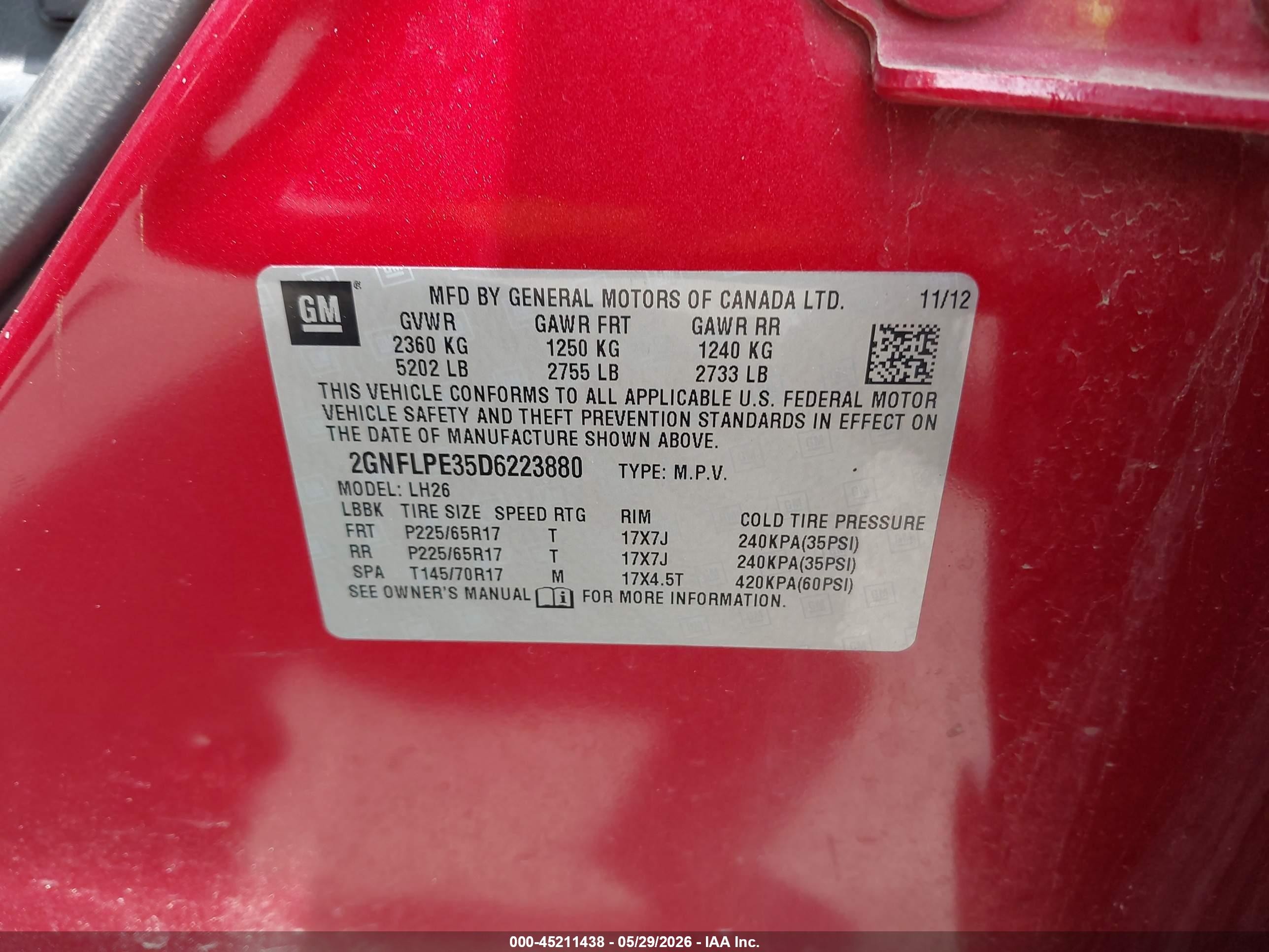 2013 Chevrolet Equinox 2lt Red vin: 2GNFLPE35D6223880
