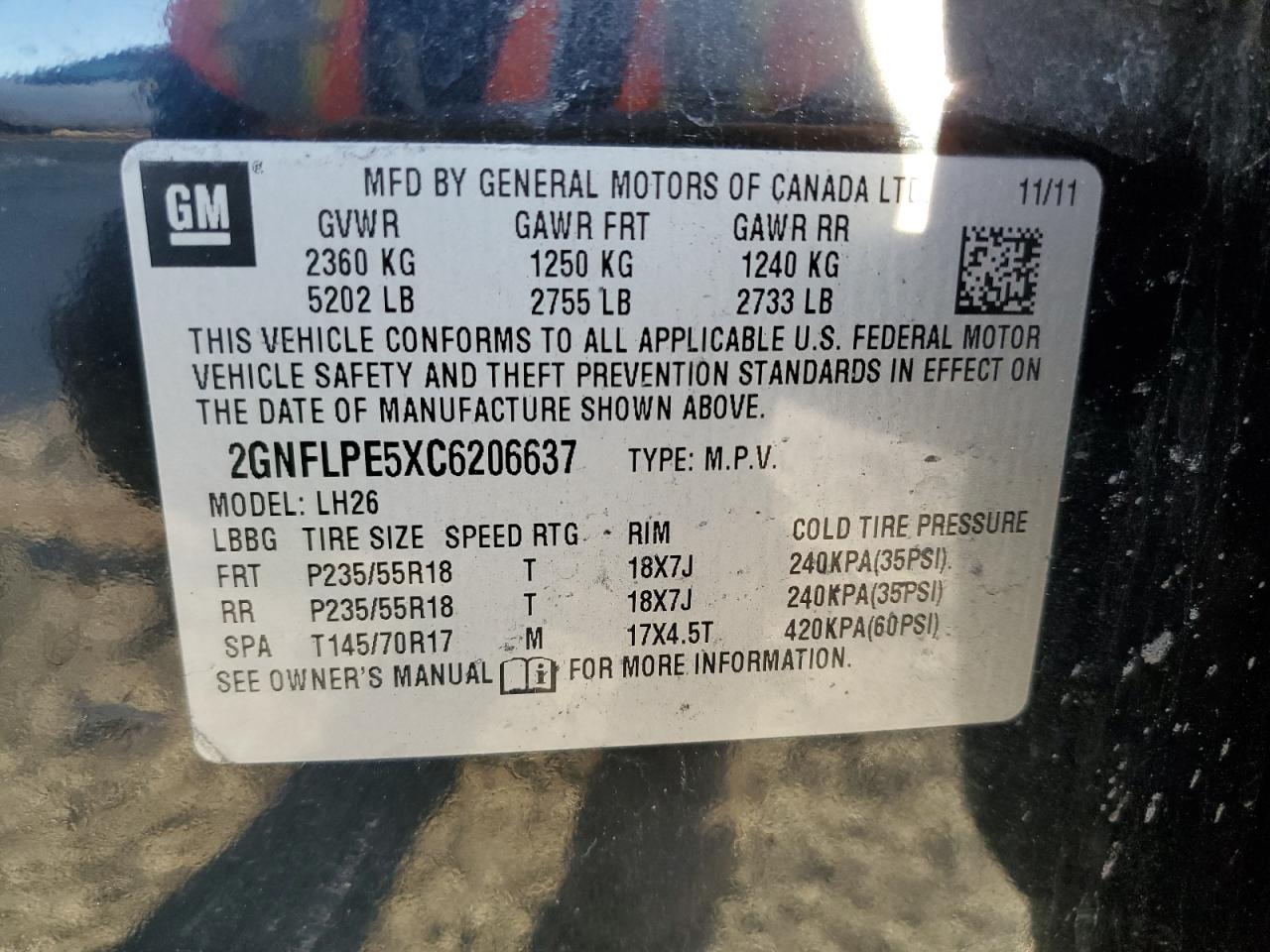 2012 Chevrolet Equinox Lt Black vin: 2GNFLPE5XC6206637