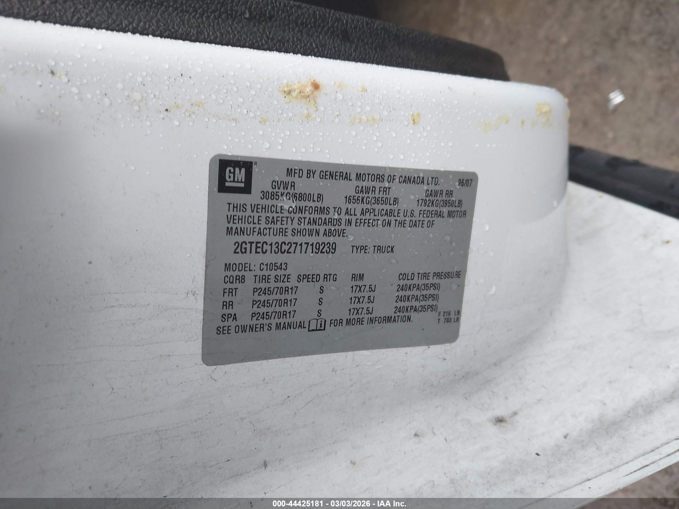 2007 Gmc Sierra 1500 Sl White vin: 2GTEC13C271719239