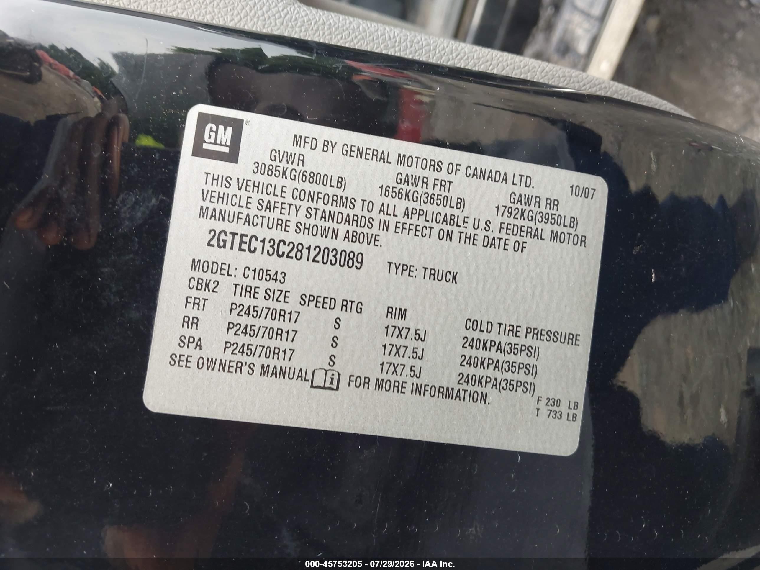 2008 Gmc Sierra 1500 Work Truck Black vin: 2GTEC13C281203089