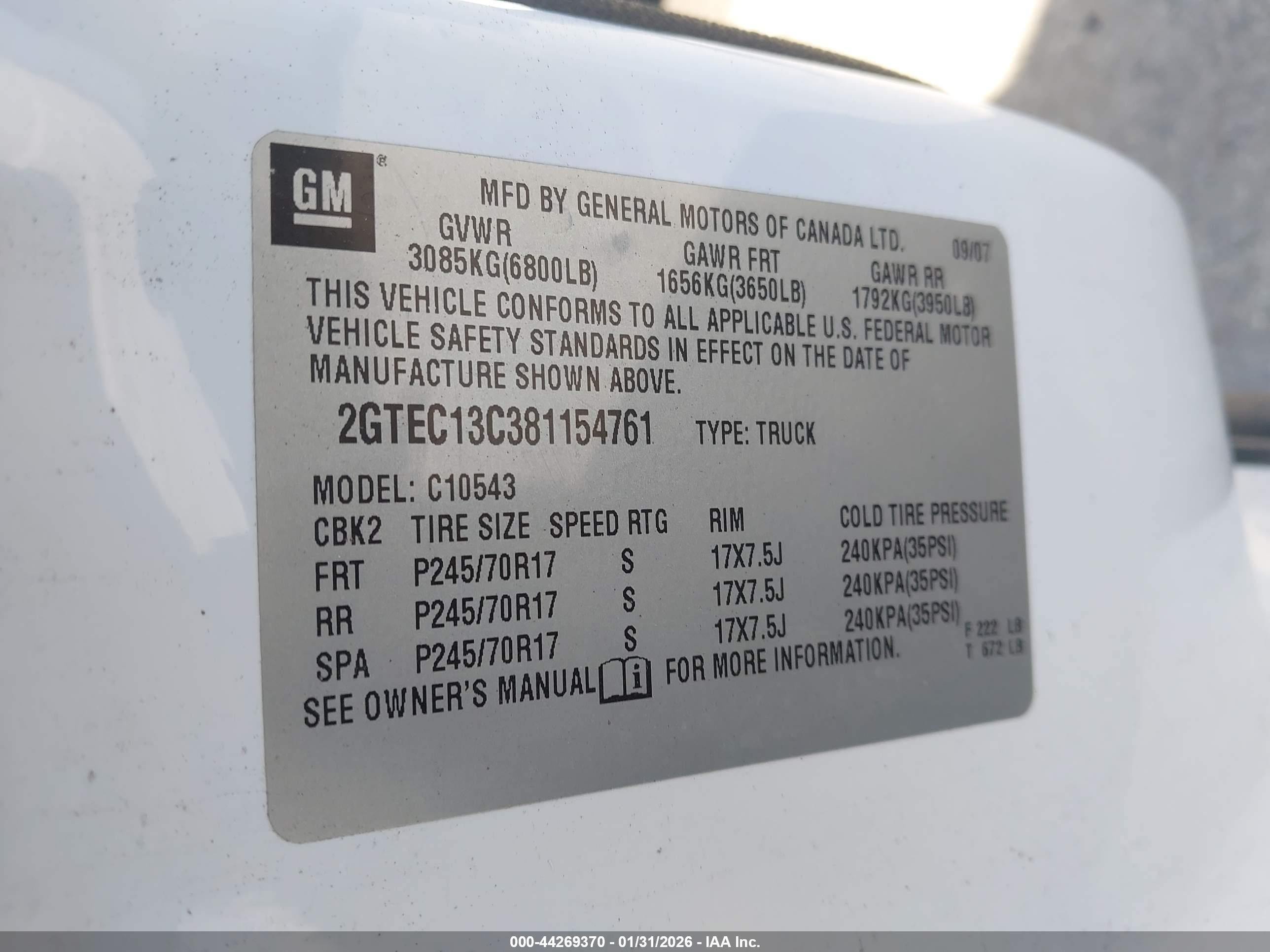 2008 Gmc Sierra 1500 Sl White vin: 2GTEC13C381154761