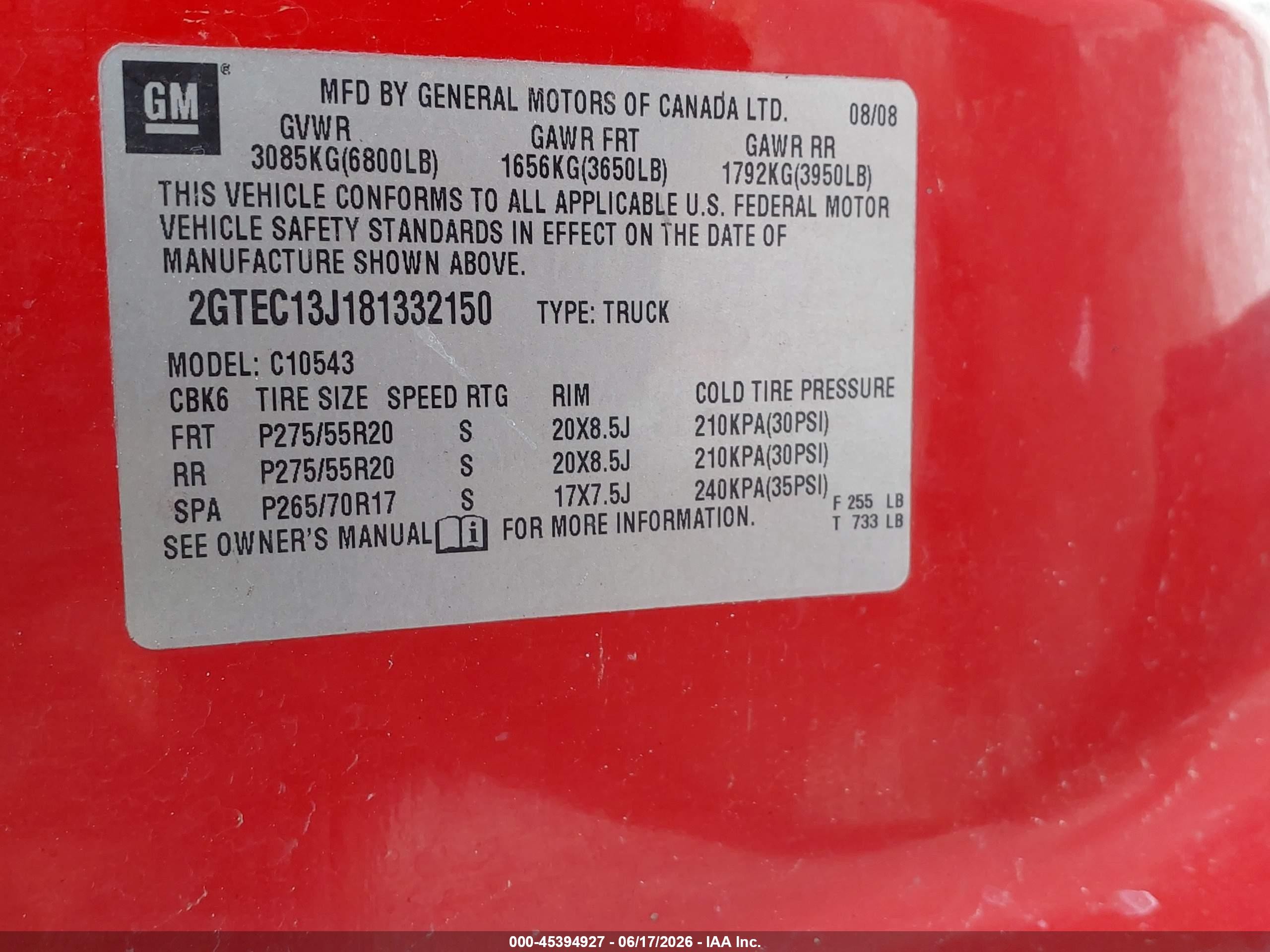 2008 Gmc Sierra 1500 Sle2 Red vin: 2GTEC13J181332150