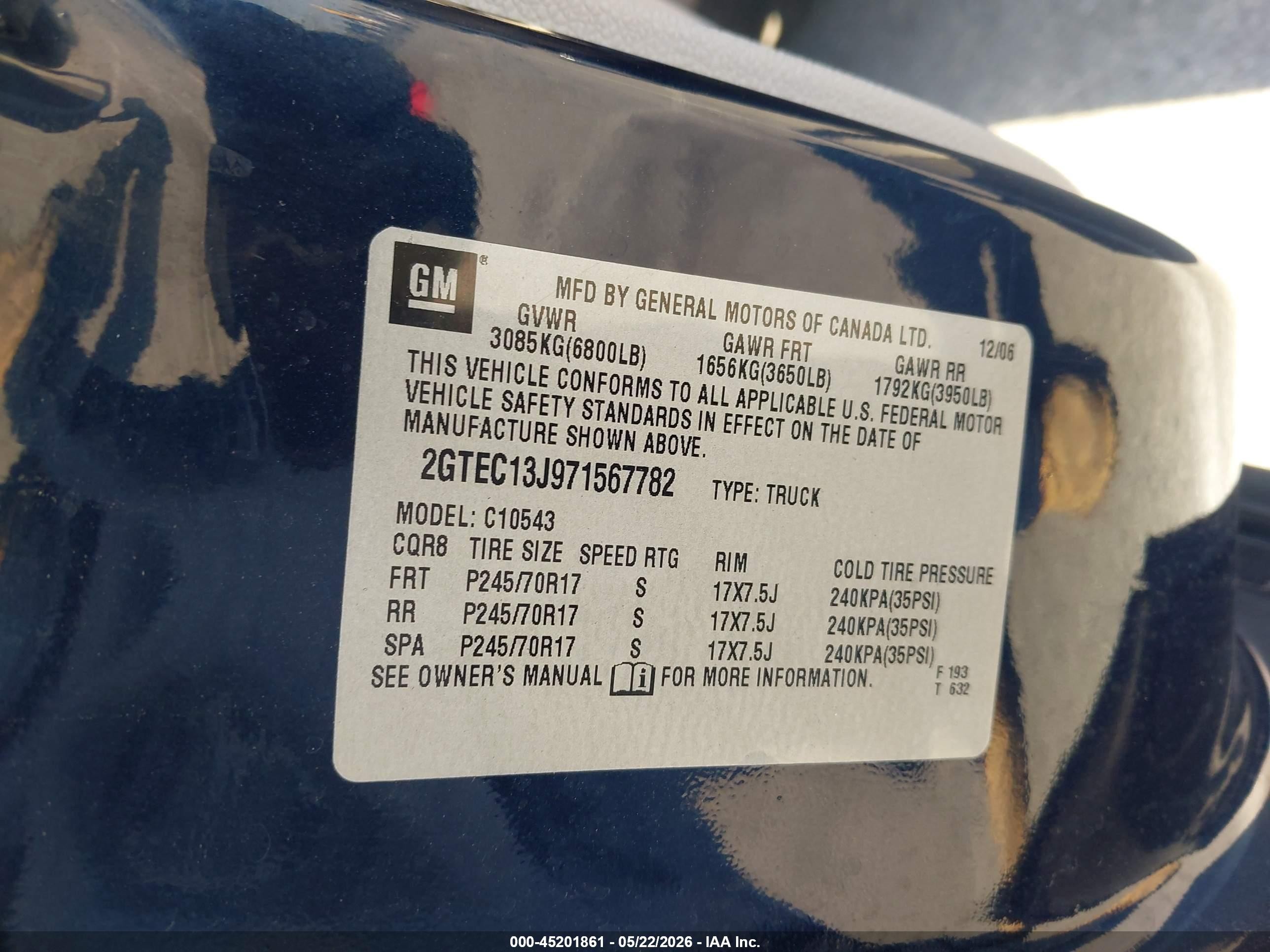 2007 Gmc Sierra 1500 Sle1 Dark Blue vin: 2GTEC13J971567782