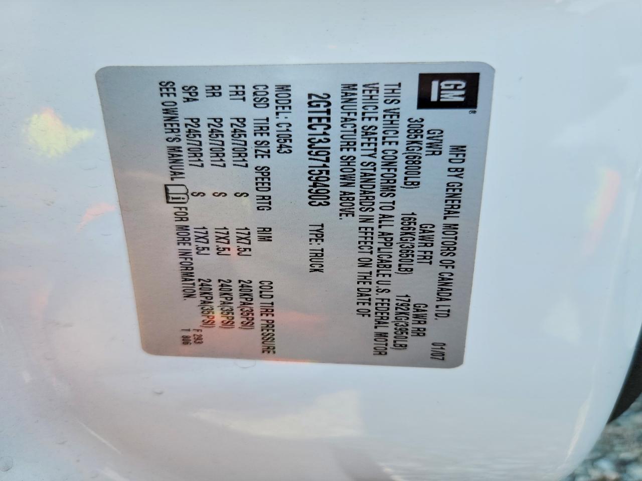 2007 Gmc New Sierra C1500 White vin: 2GTEC13J971594903
