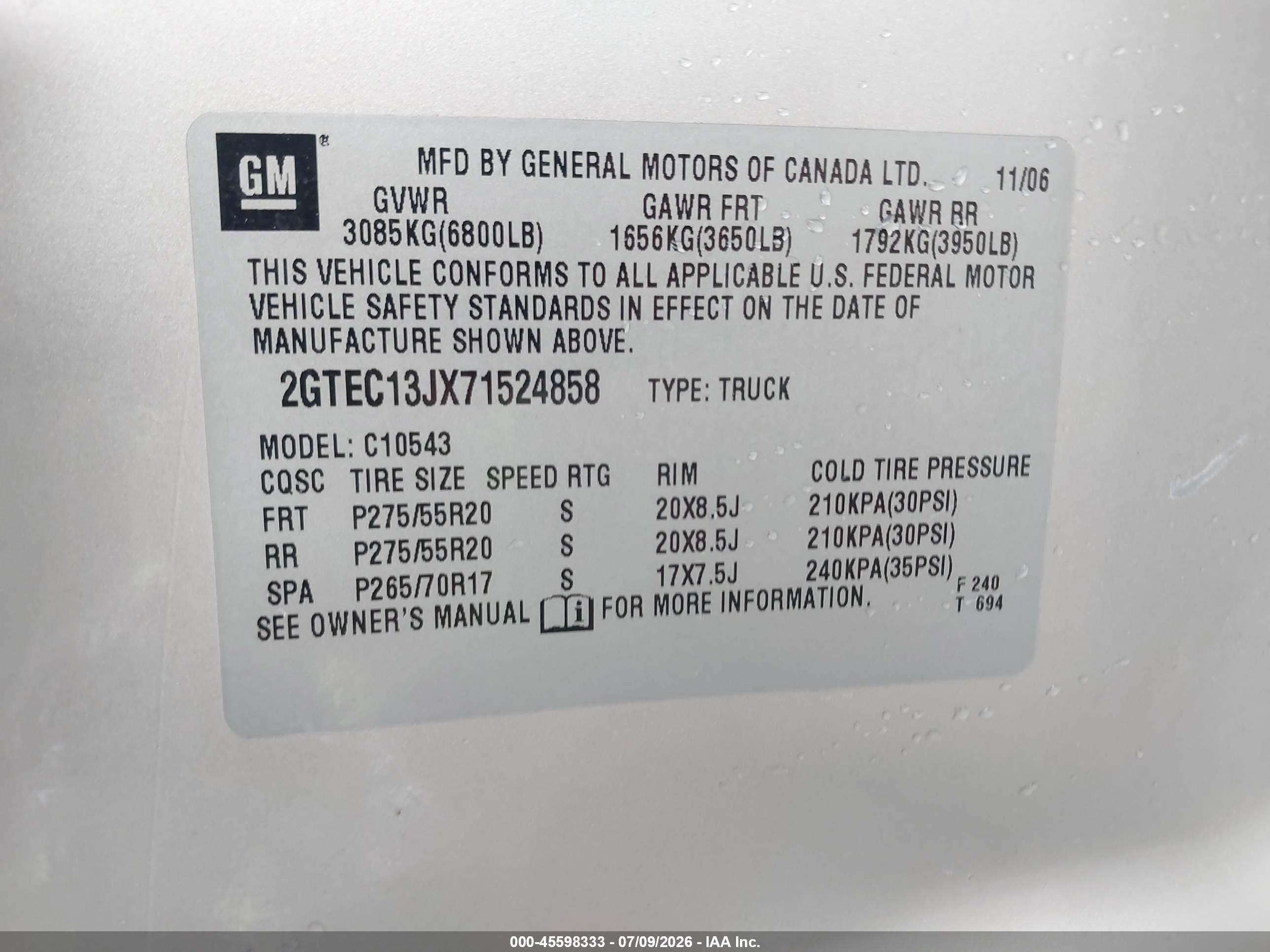 2007 Gmc Sierra 1500 Sle2 Silver vin: 2GTEC13JX71524858