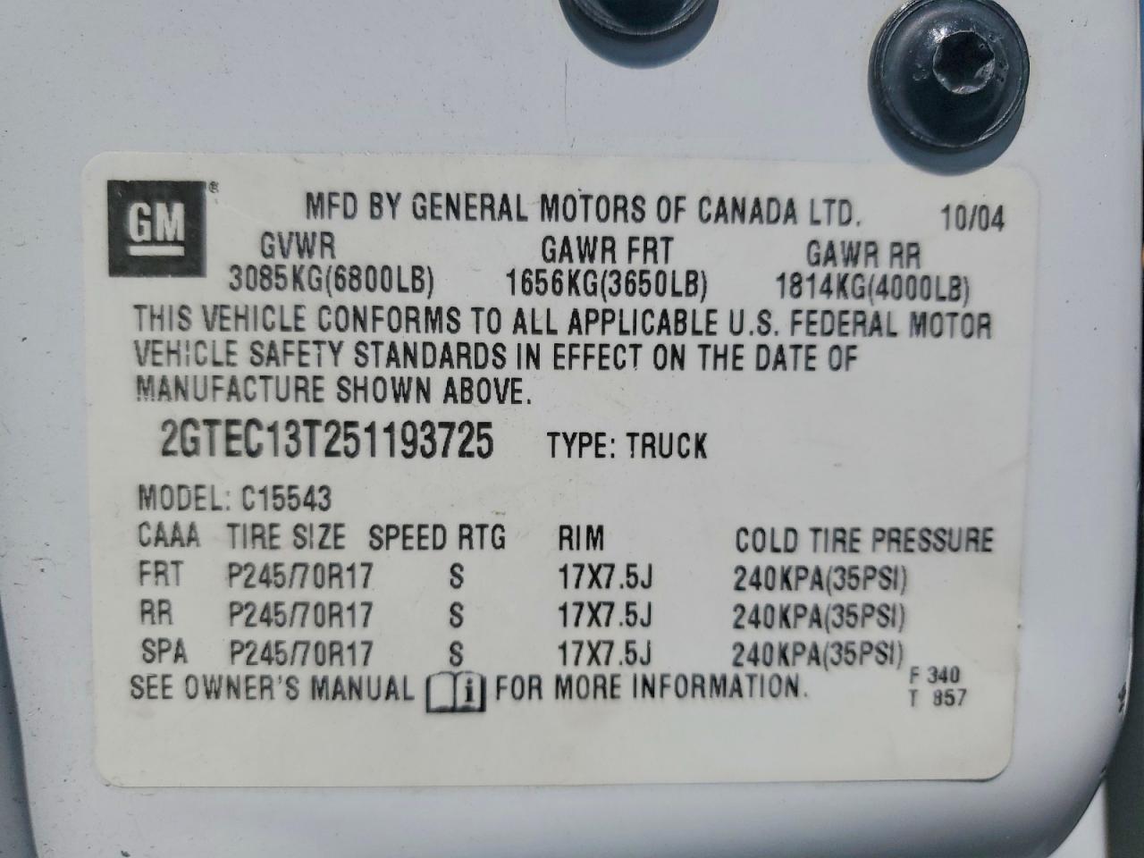 2005 Gmc New Sierra C1500 White vin: 2GTEC13T251193725