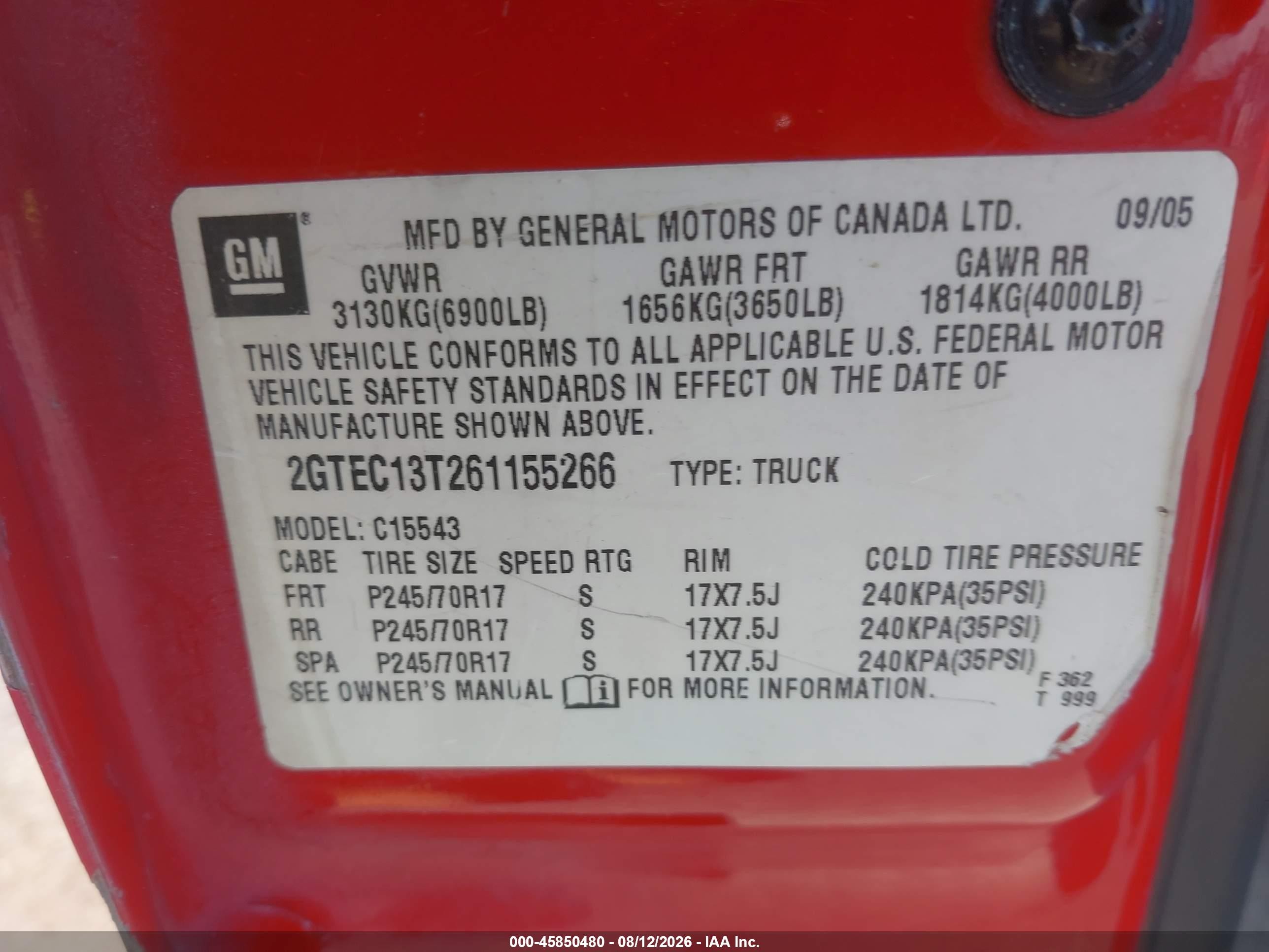 2006 Gmc Sierra 1500 Sle1 Red vin: 2GTEC13T261155266