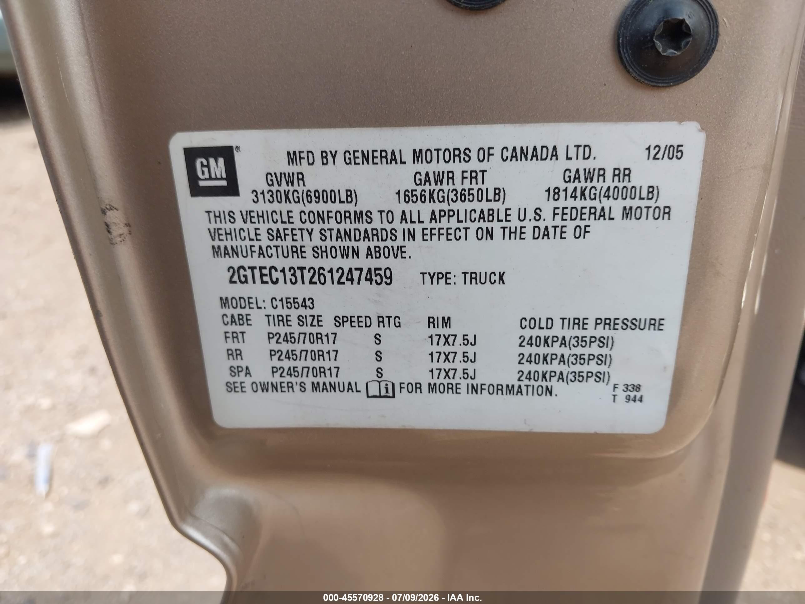 2006 Gmc Sierra 1500 Sle1 Gold vin: 2GTEC13T261247459