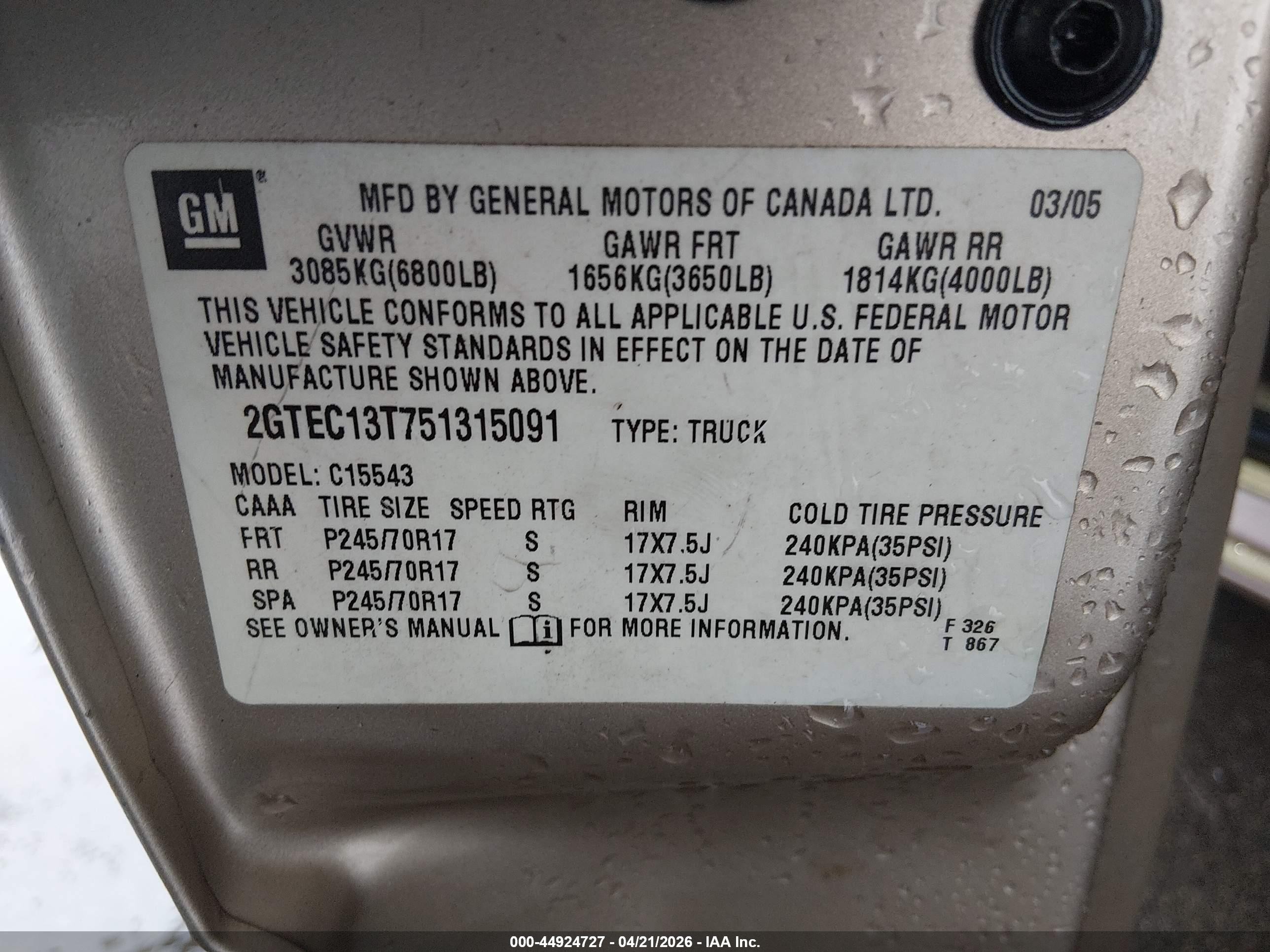 2005 Gmc Sierra 1500 Sle Beige vin: 2GTEC13T751315091