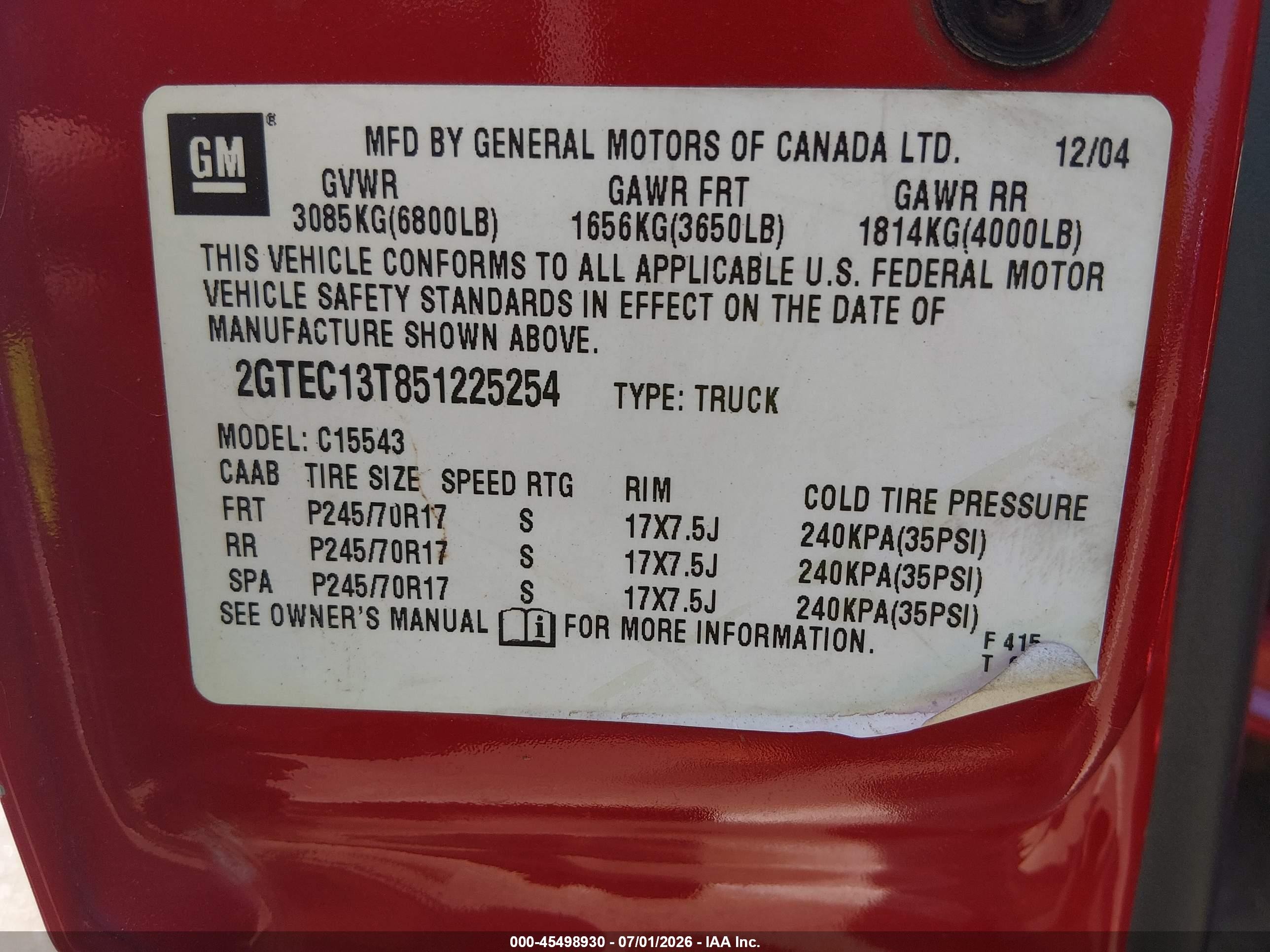 2005 Gmc Sierra 1500 Sle Red vin: 2GTEC13T851225254