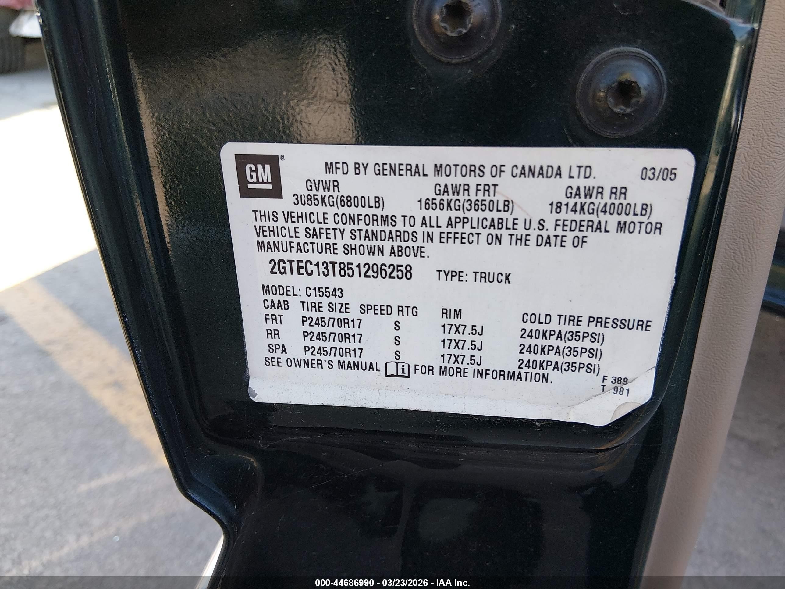 2005 Gmc Sierra 1500 Slt Green vin: 2GTEC13T851296258
