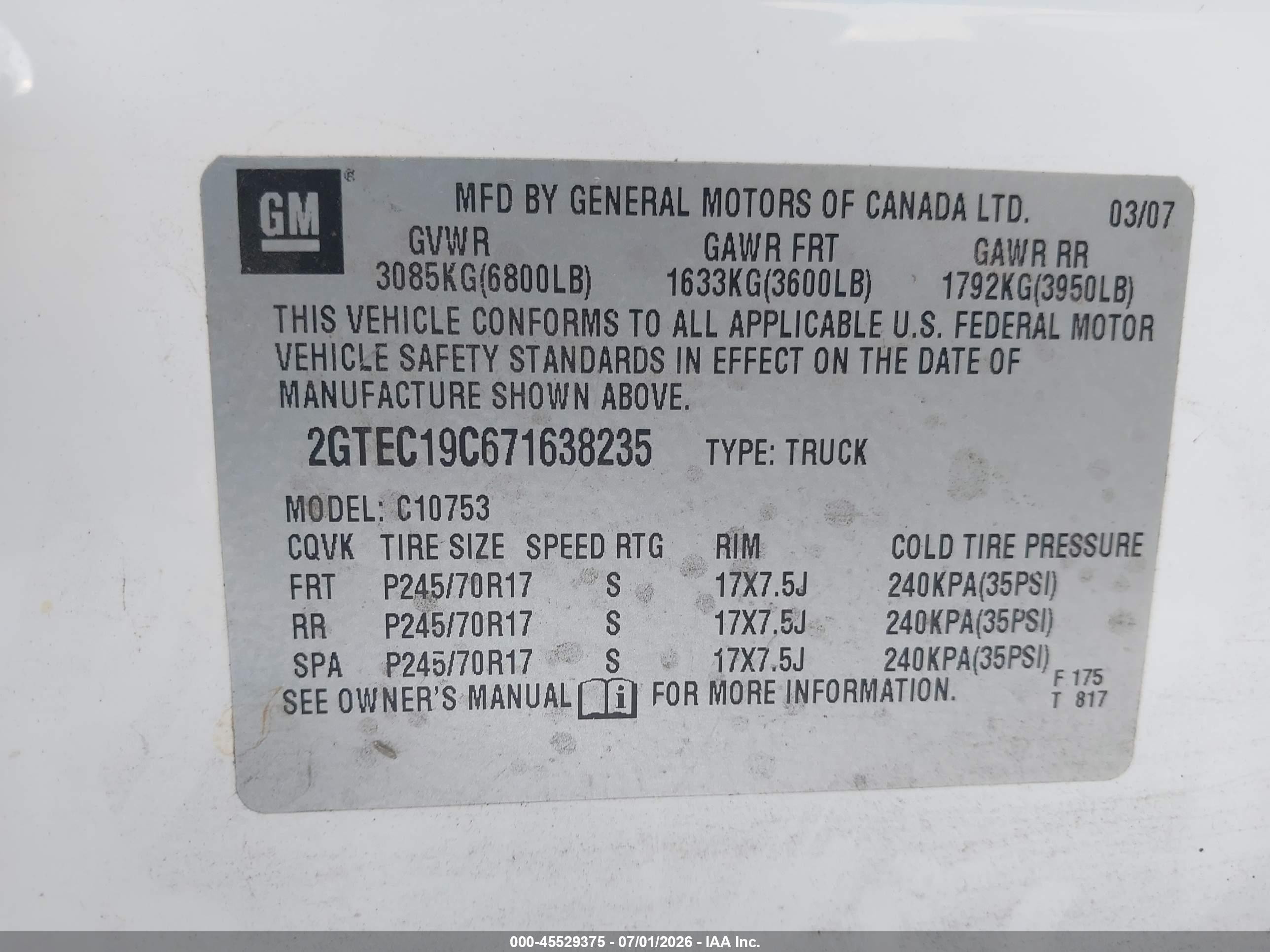 2007 Gmc Sierra 1500 Work Truck White vin: 2GTEC19C671638235