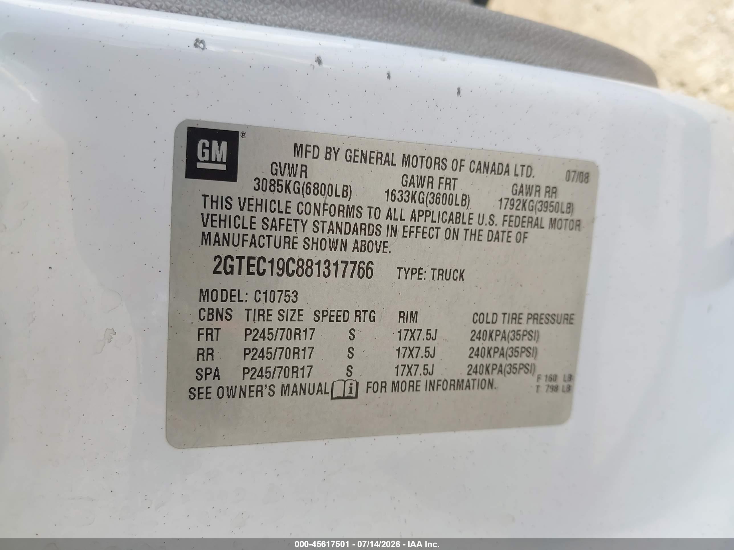 2008 Gmc Sierra 1500 Sle1 White vin: 2GTEC19C881317766