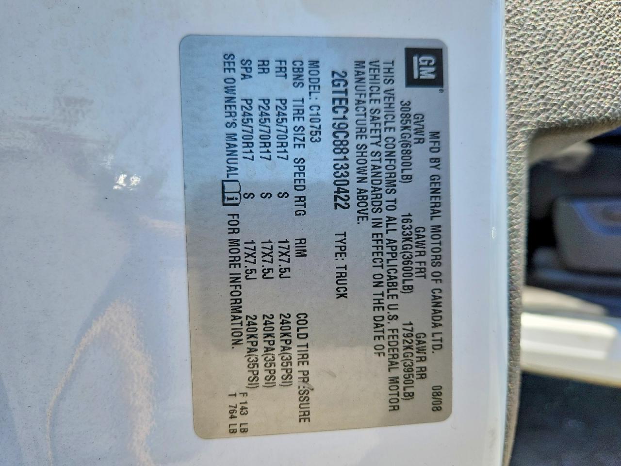 2008 Gmc Sierra C1500 White vin: 2GTEC19C881330422