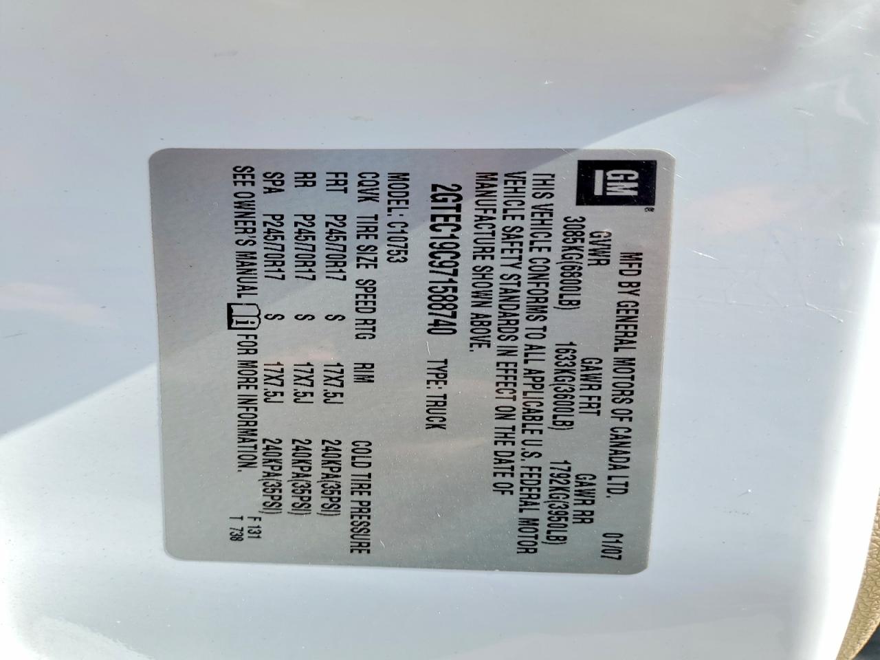 2007 Gmc New Sierra C1500 White vin: 2GTEC19C971588740