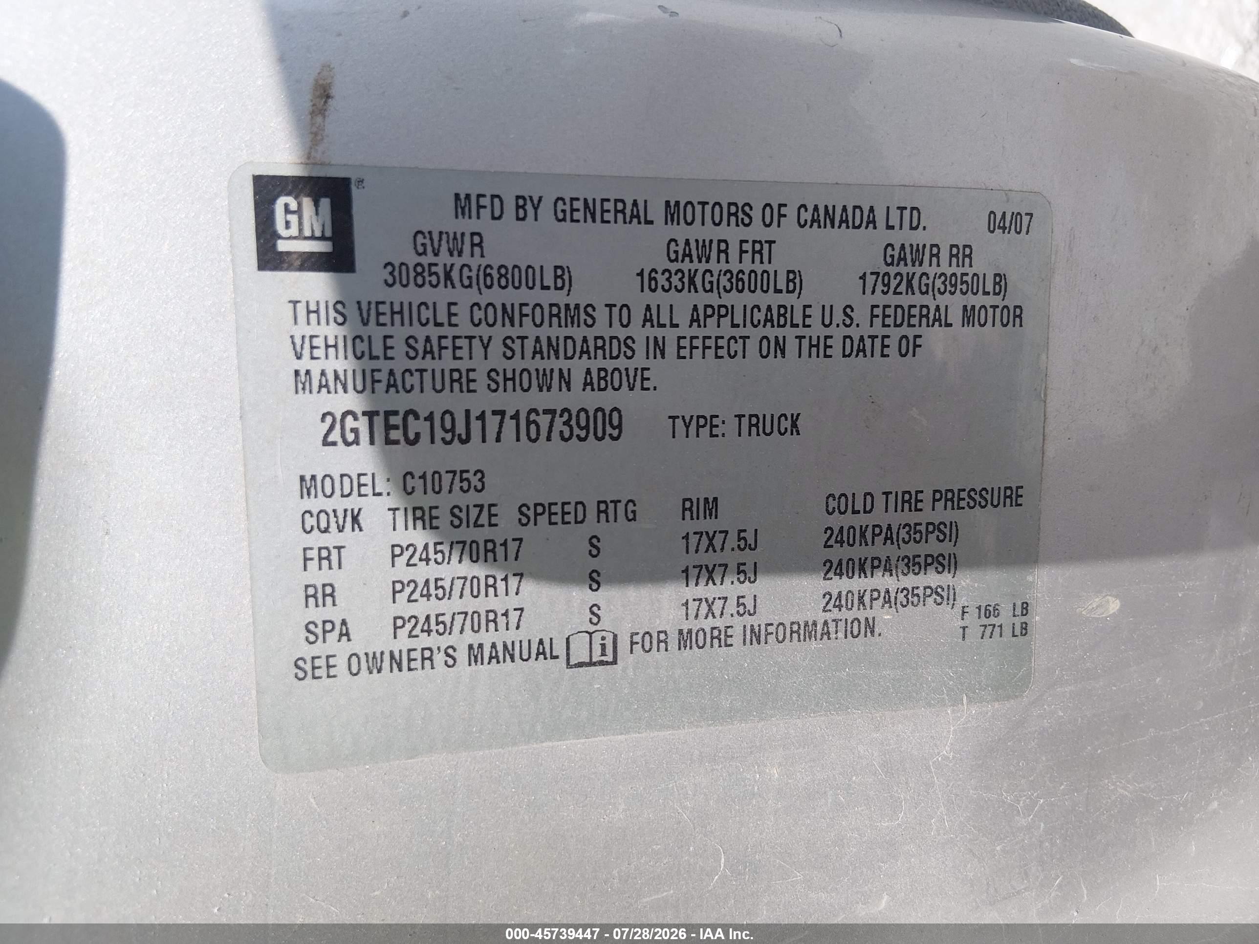 2007 Gmc Sierra 1500 Work Truck Silver vin: 2GTEC19J171673909