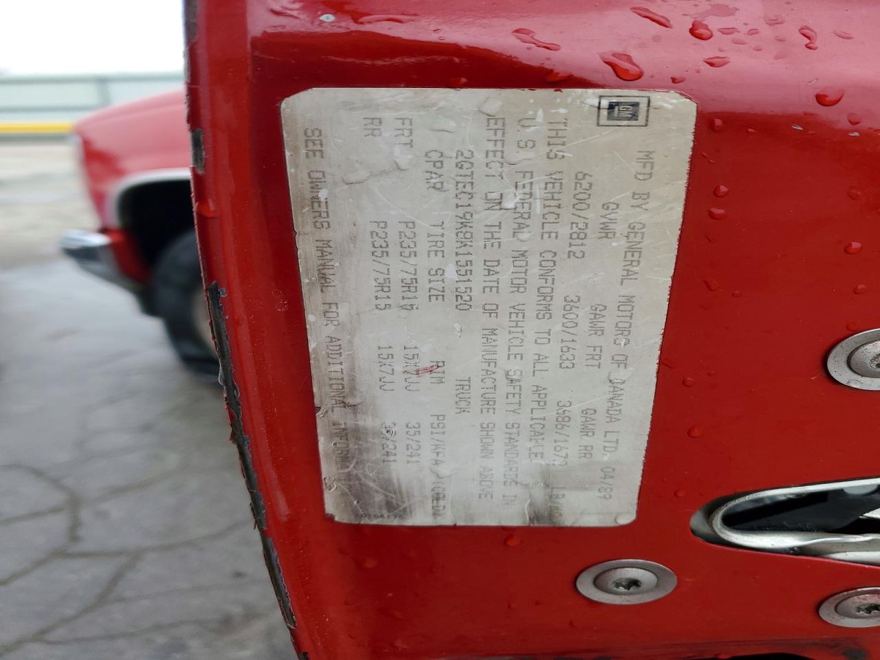 1989 Gmc Sierra C1500 Red vin: 2GTEC19K8K1551520