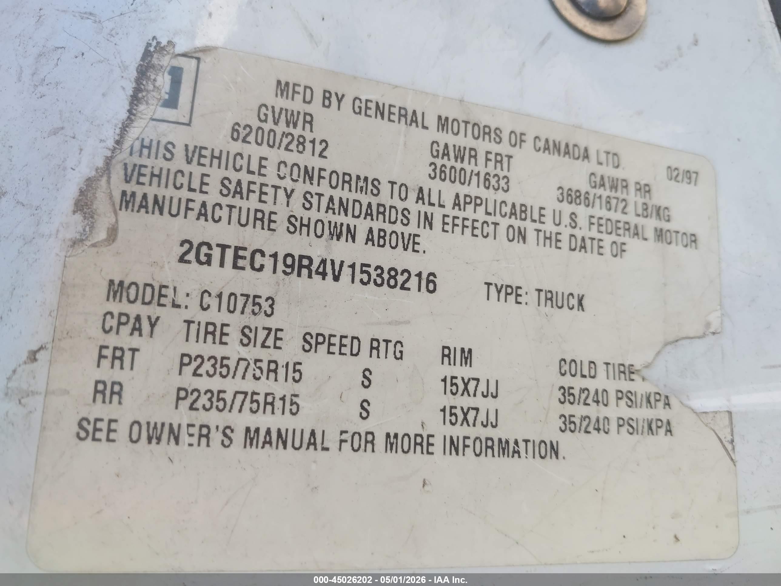 1997 Gmc Sierra 1500 Sl Wideside White vin: 2GTEC19R4V1538216