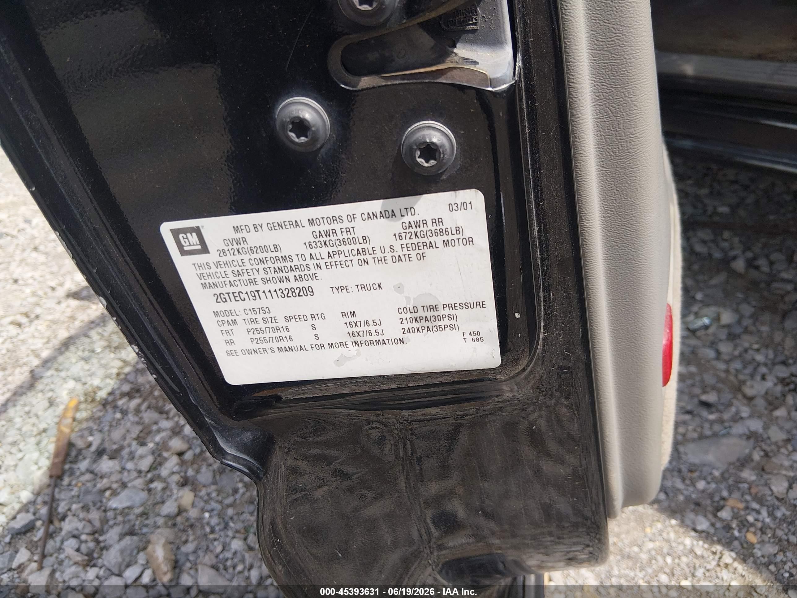 2001 Gmc Sierra 1500 Sle Black vin: 2GTEC19T111328209