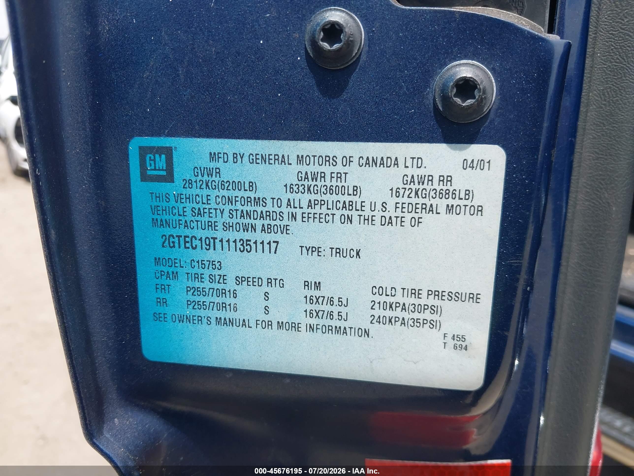 2001 Gmc Sierra 1500 Sle Dark Blue vin: 2GTEC19T111351117