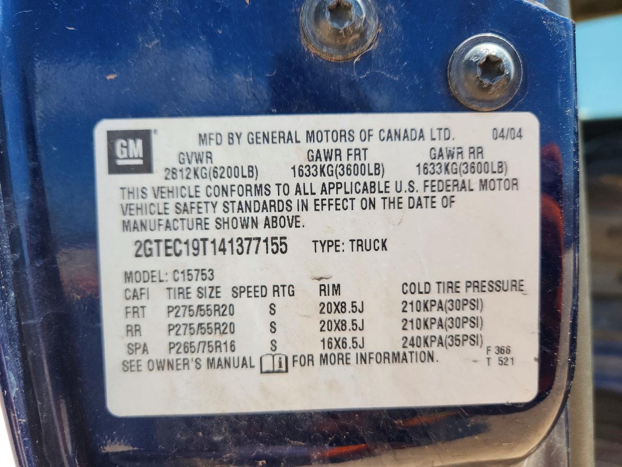 2004 Gmc New Sierra C1500 Blue vin: 2GTEC19T141377155