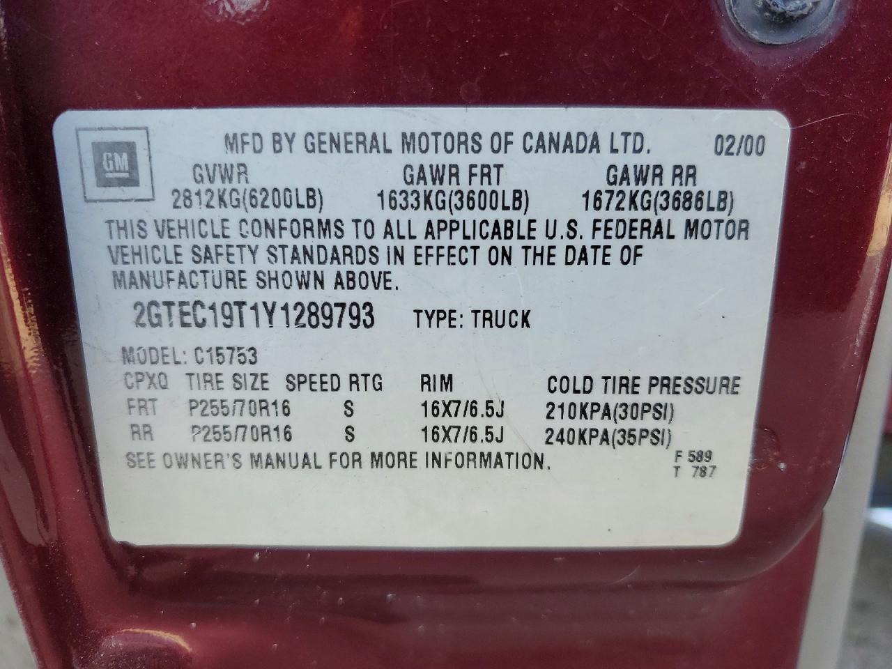 2000 Gmc New Sierra C1500 Maroon vin: 2GTEC19T1Y1289793