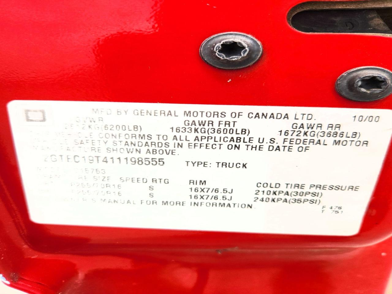 2001 Gmc New Sierra C1500 Red vin: 2GTEC19T411198555