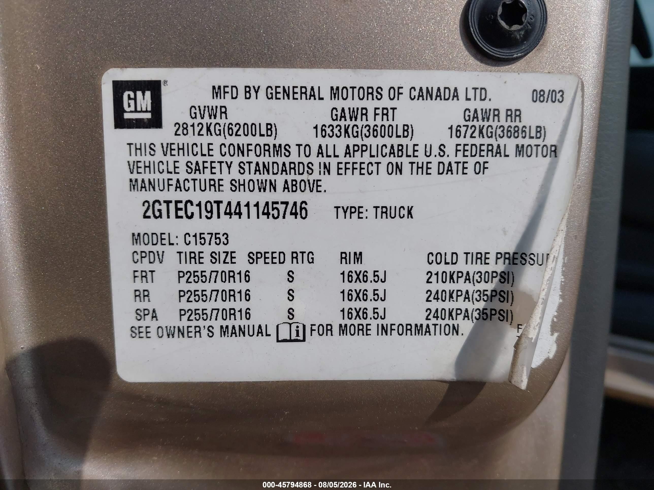 2004 Gmc Sierra 1500 Sle Gold vin: 2GTEC19T441145746