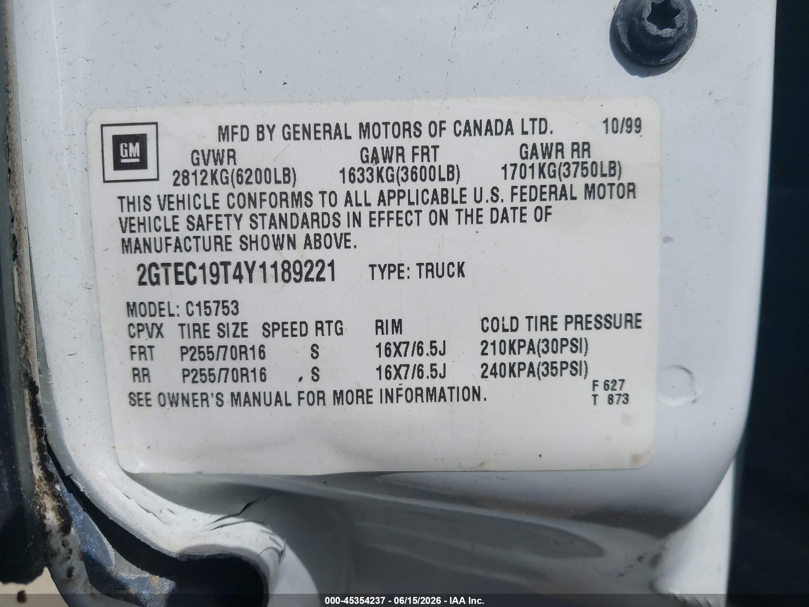 2000 Gmc Sierra 1500 Sle White vin: 2GTEC19T4Y1189221
